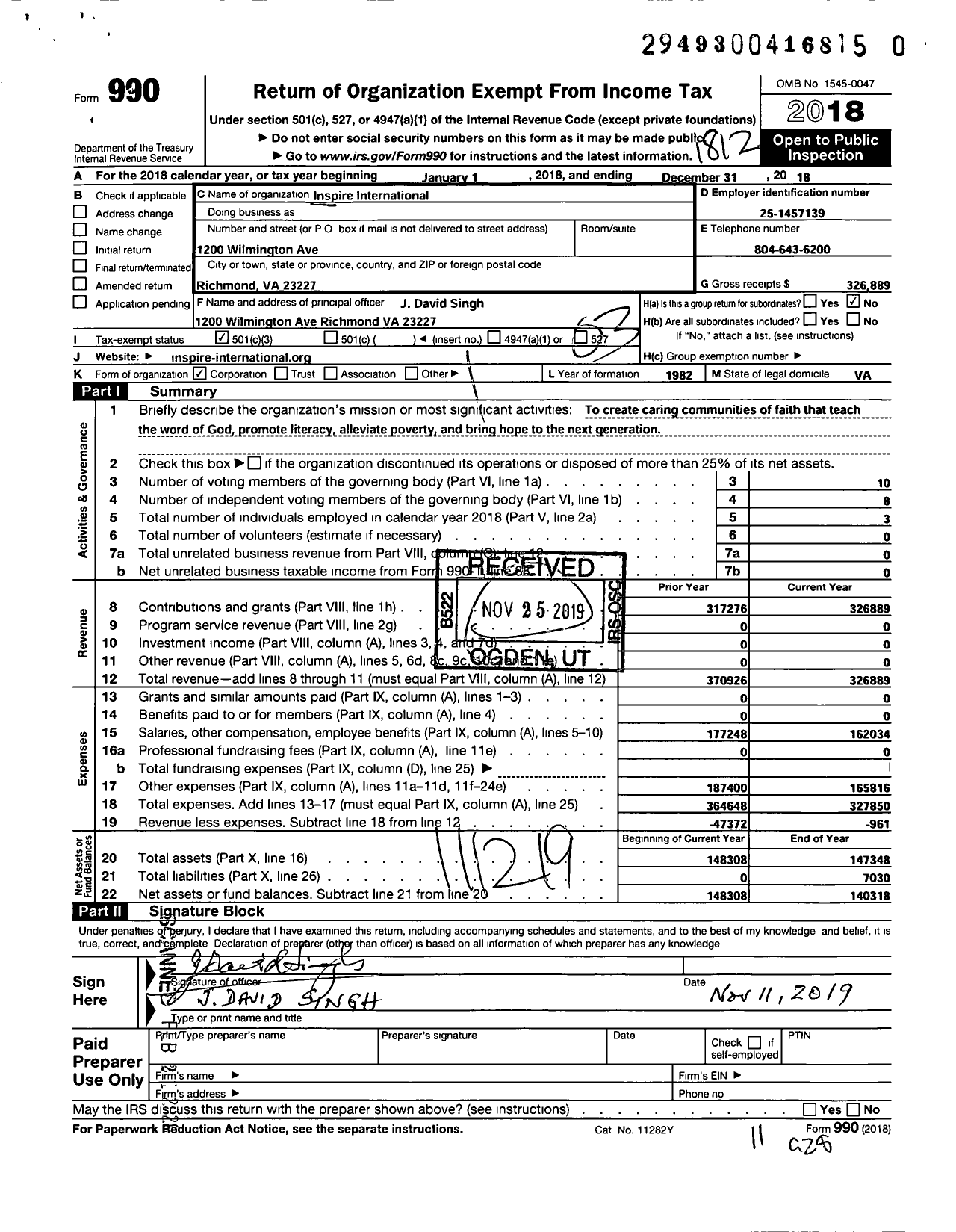 Image of first page of 2018 Form 990 for Inspire International