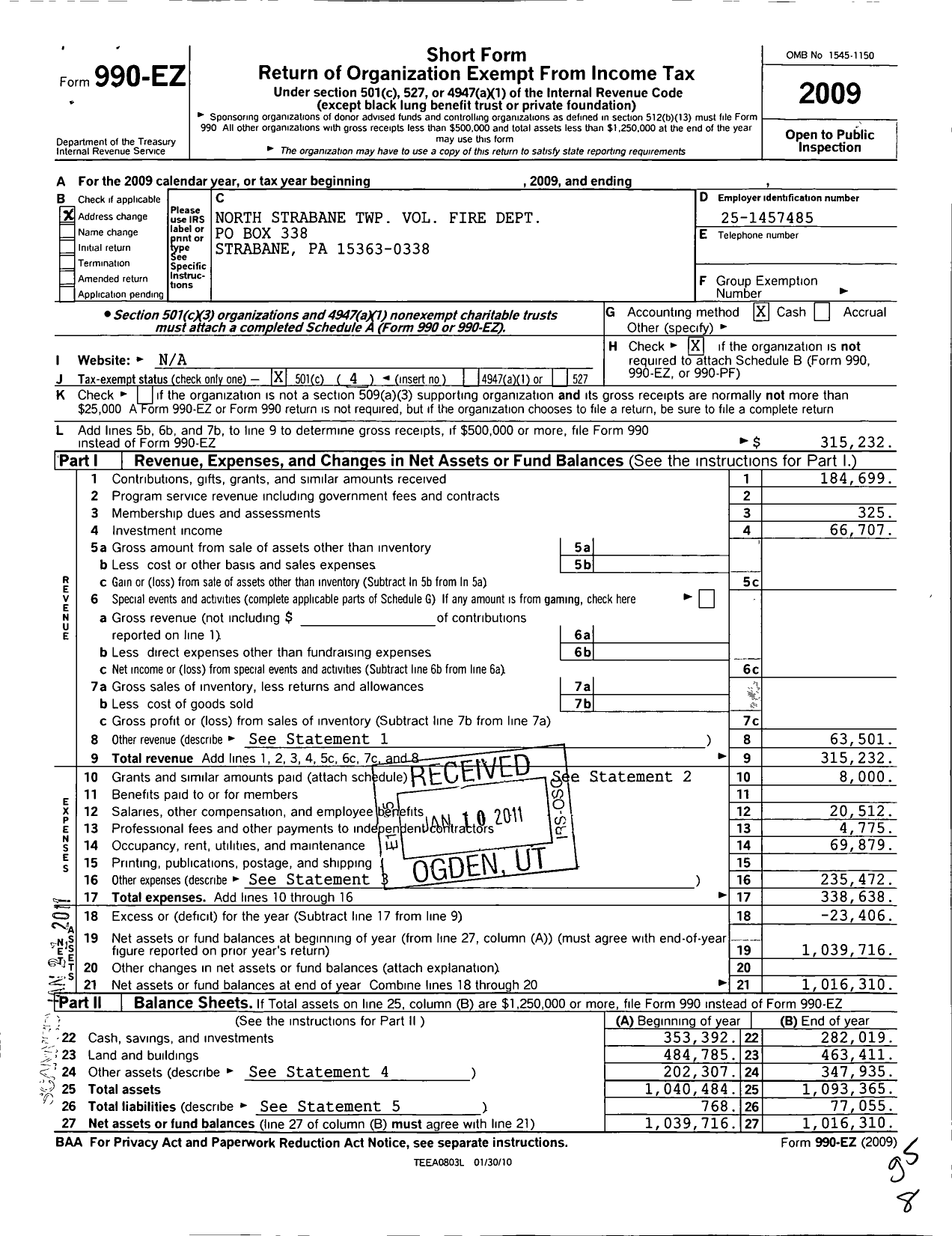 Image of first page of 2009 Form 990EO for North Strabane Volunteer Fire Department