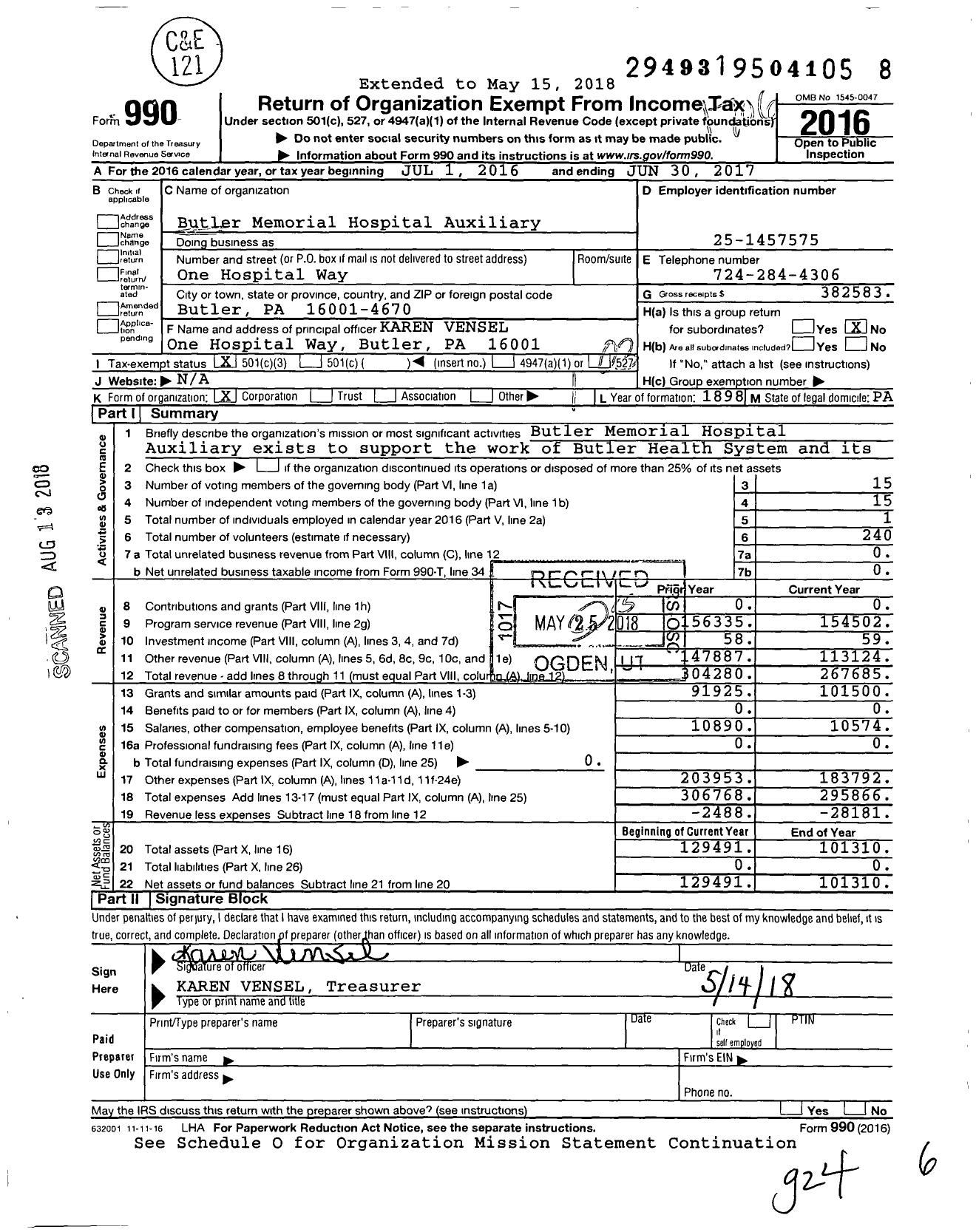 Image of first page of 2016 Form 990 for Butler Memorial Hospital Auxiliary