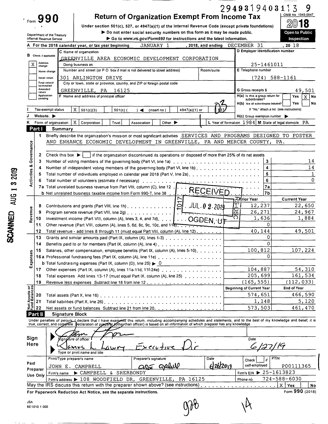 Image of first page of 2018 Form 990 for Greenville Area Economic Development Corporation