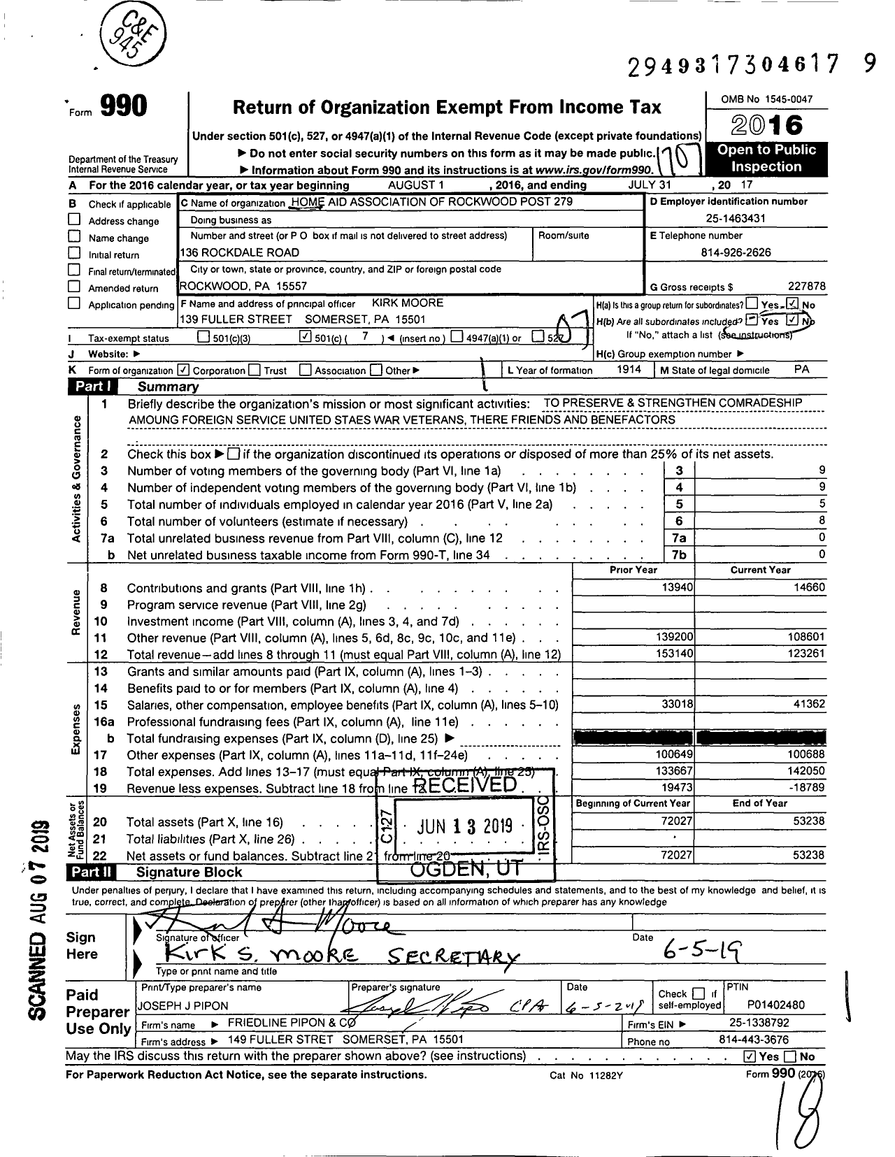 Image of first page of 2016 Form 990O for American Legion - 279 Post Home Aid Assoc of Rockwood