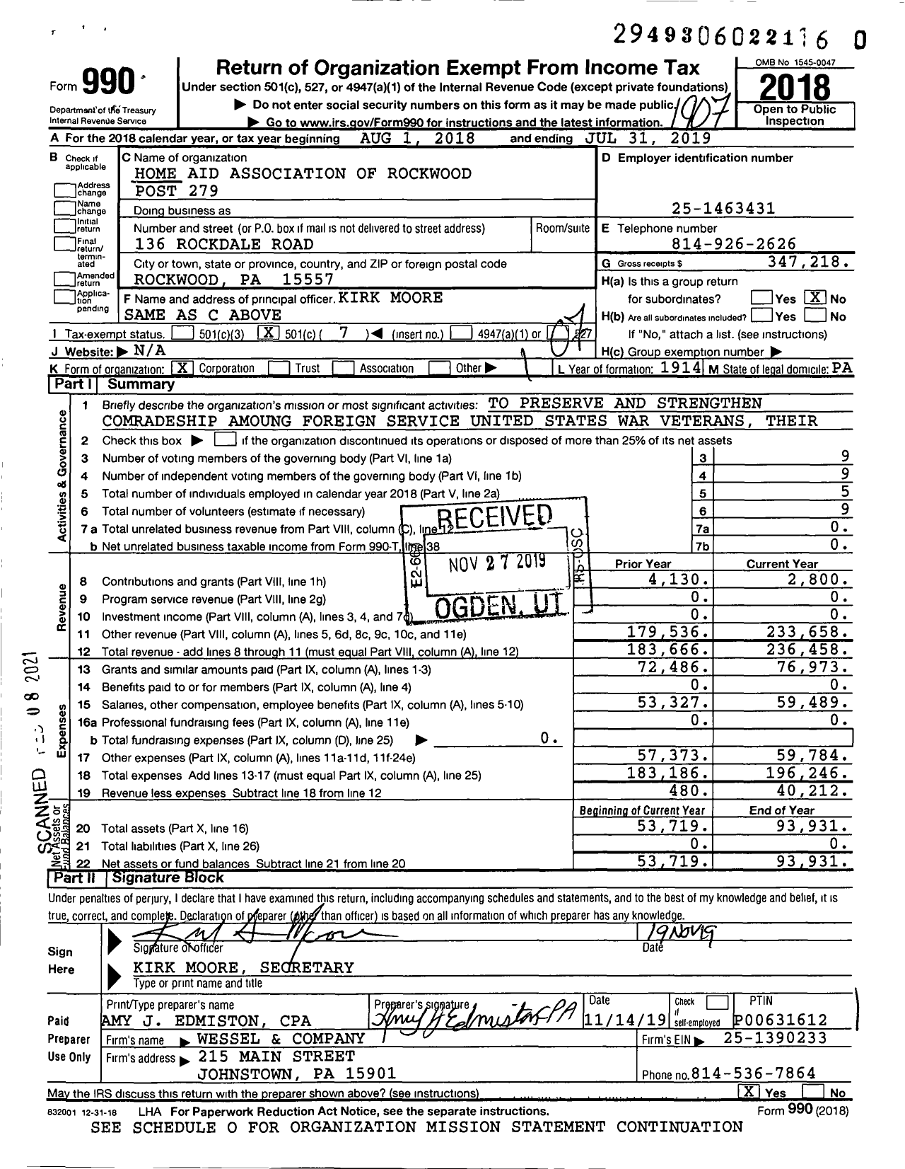 Image of first page of 2018 Form 990O for American Legion - 279 Post Home Aid Assoc of Rockwood