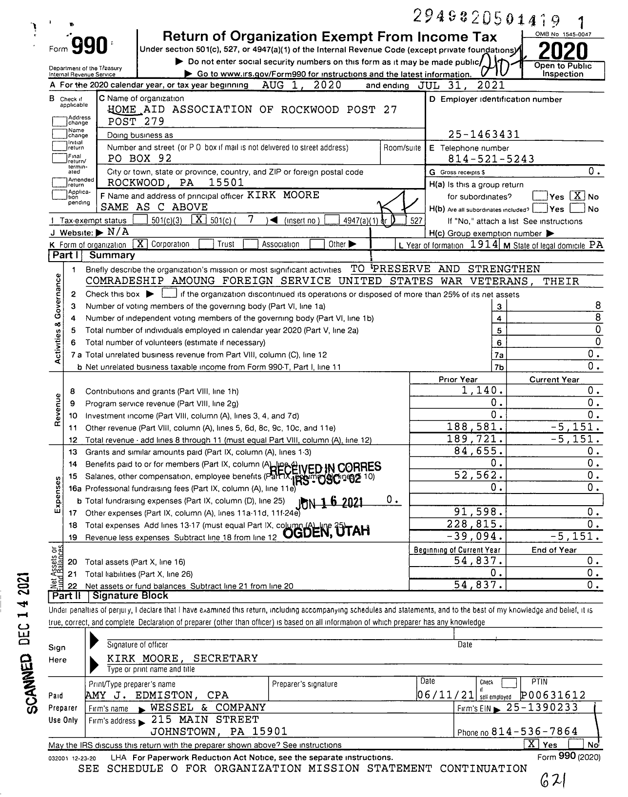 Image of first page of 2020 Form 990O for American Legion - 279 Post Home Aid Assoc of Rockwood