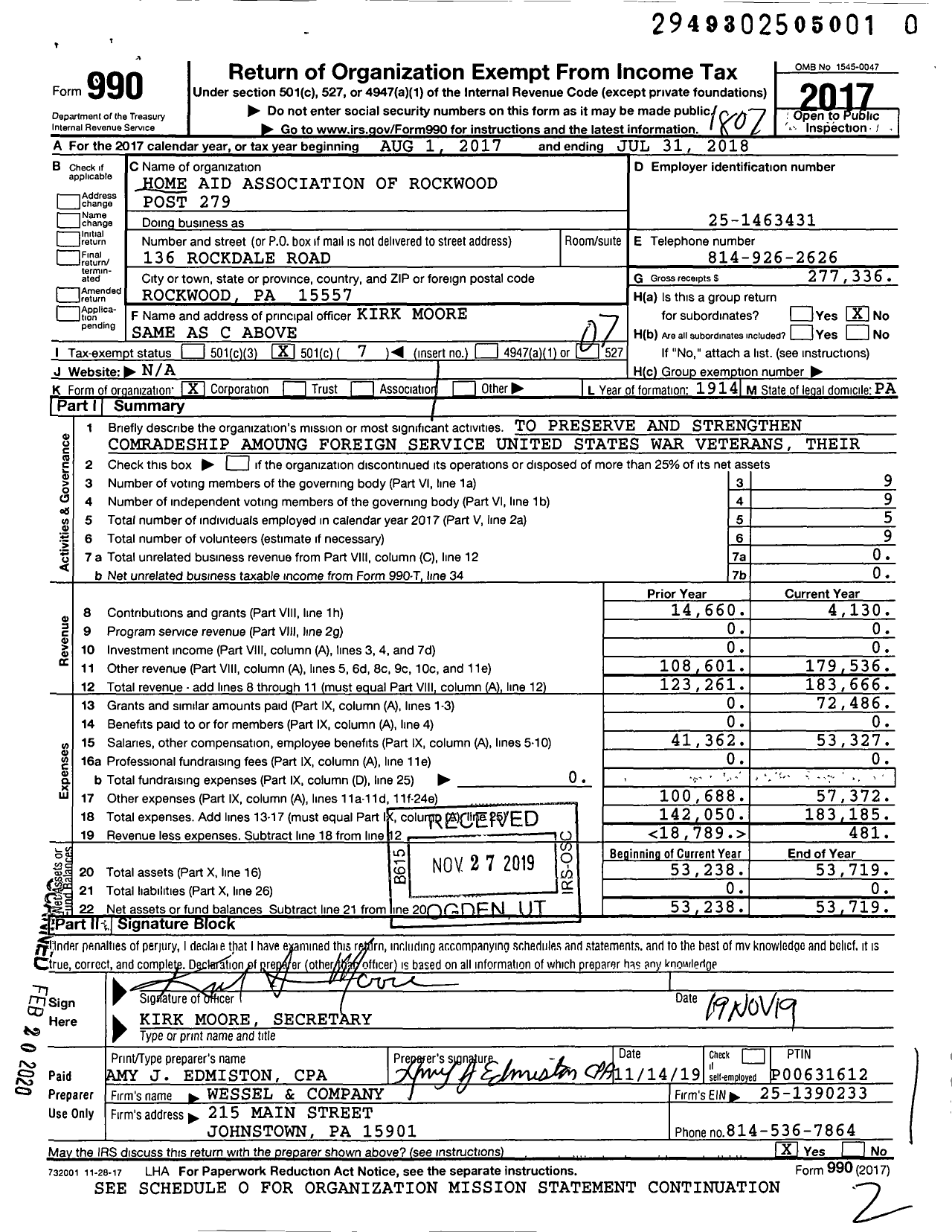 Image of first page of 2017 Form 990O for American Legion - 279 Post Home Aid Assoc of Rockwood