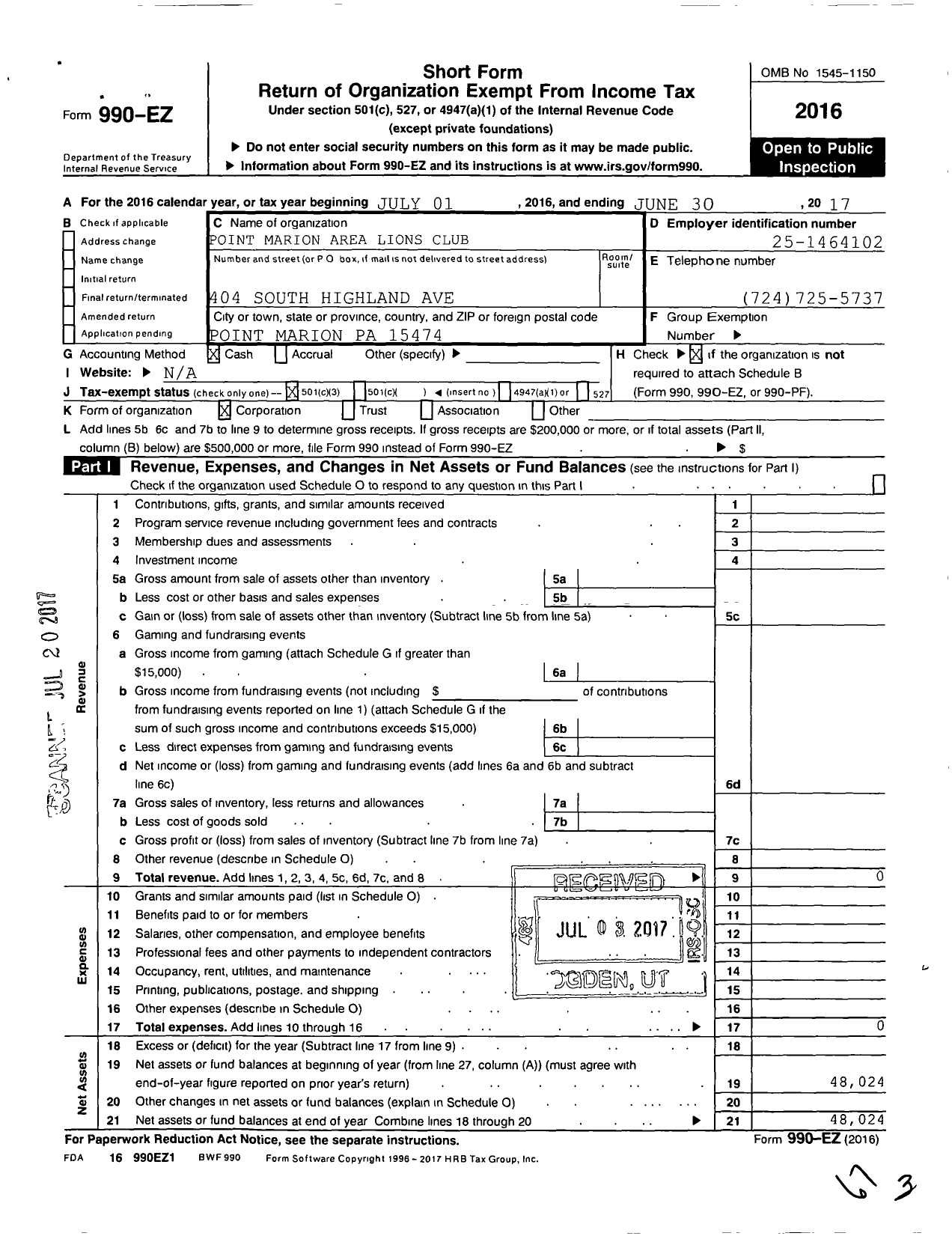 Image of first page of 2016 Form 990EZ for Point Marion Area Lions Club