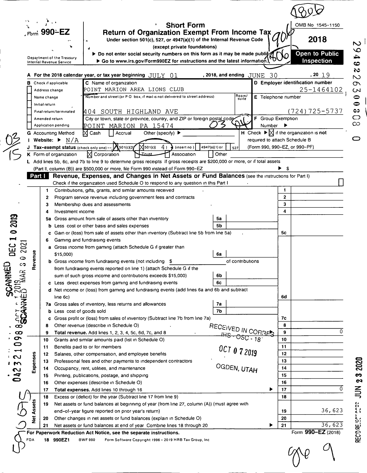 Image of first page of 2018 Form 990EZ for Point Marion Area Lions Club