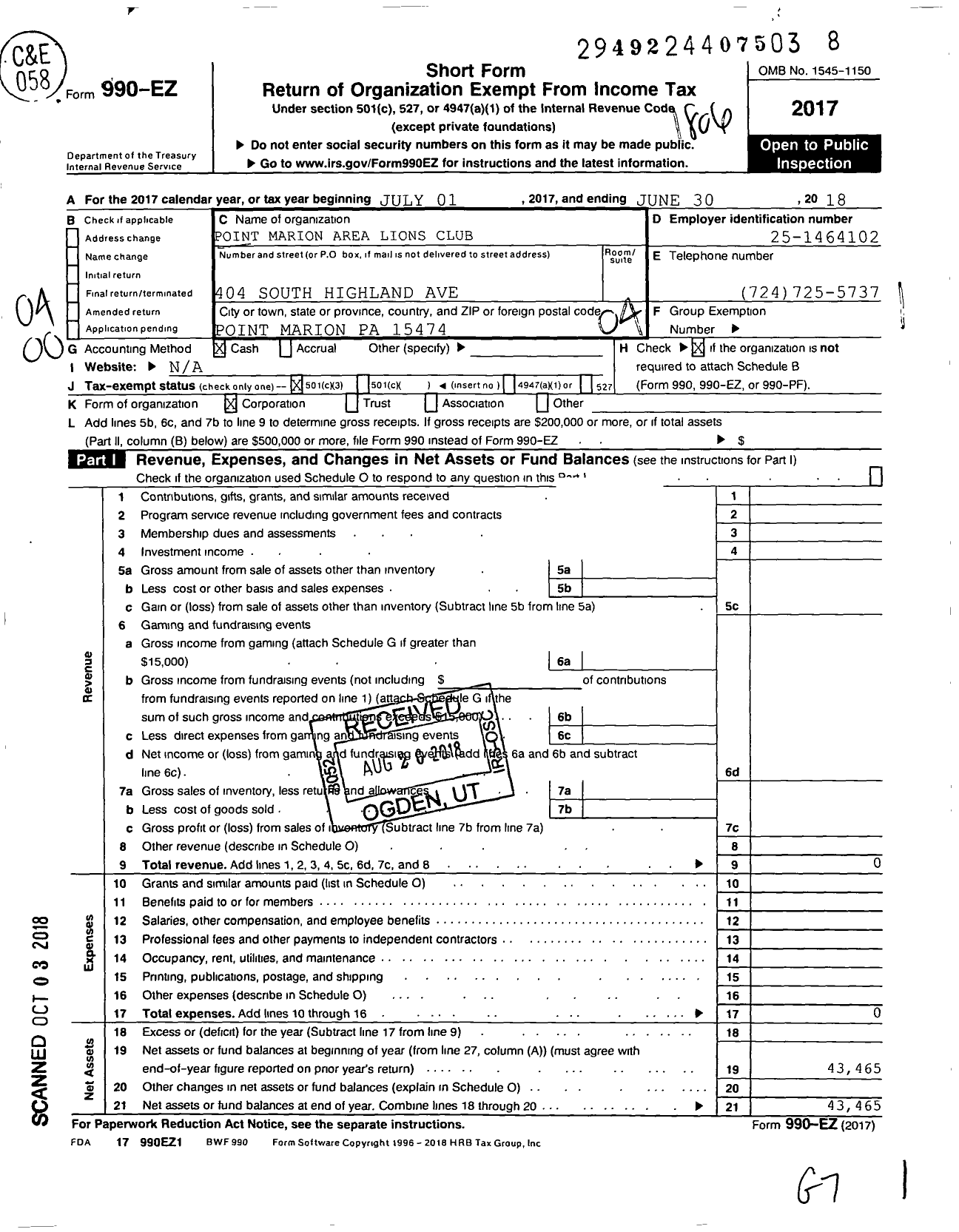 Image of first page of 2017 Form 990EO for Point Marion Area Lions Club