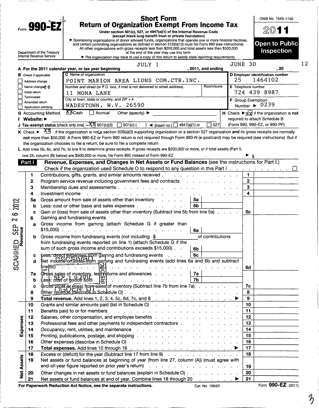 Image of first page of 2011 Form 990EZ for Point Marion Area Lions Club