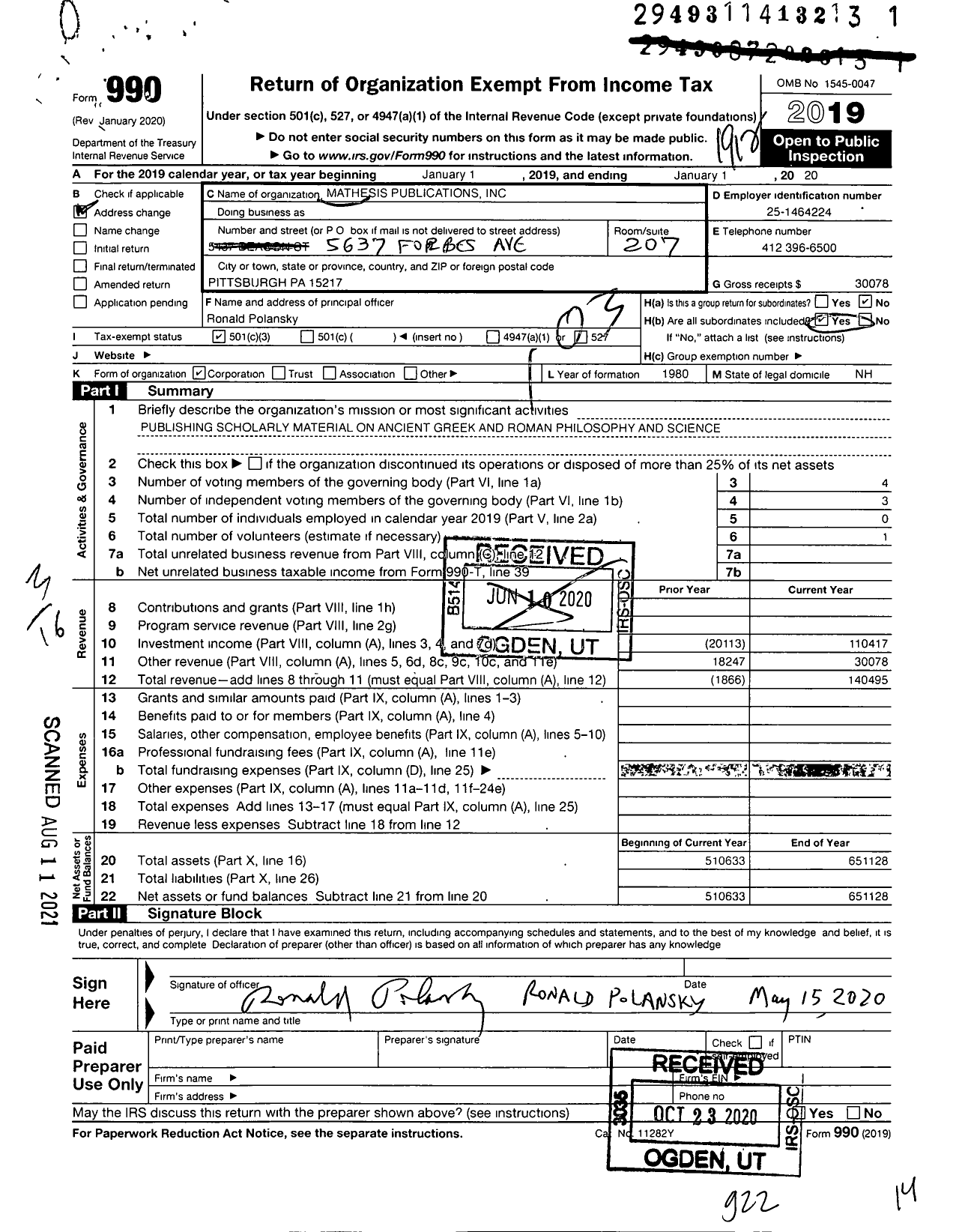 Image of first page of 2019 Form 990 for Mathesis Publications