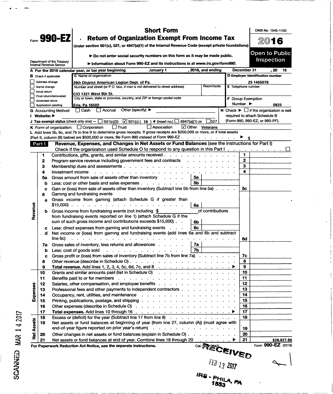 Image of first page of 2016 Form 990EO for 29th District American Legion Dept of Pa