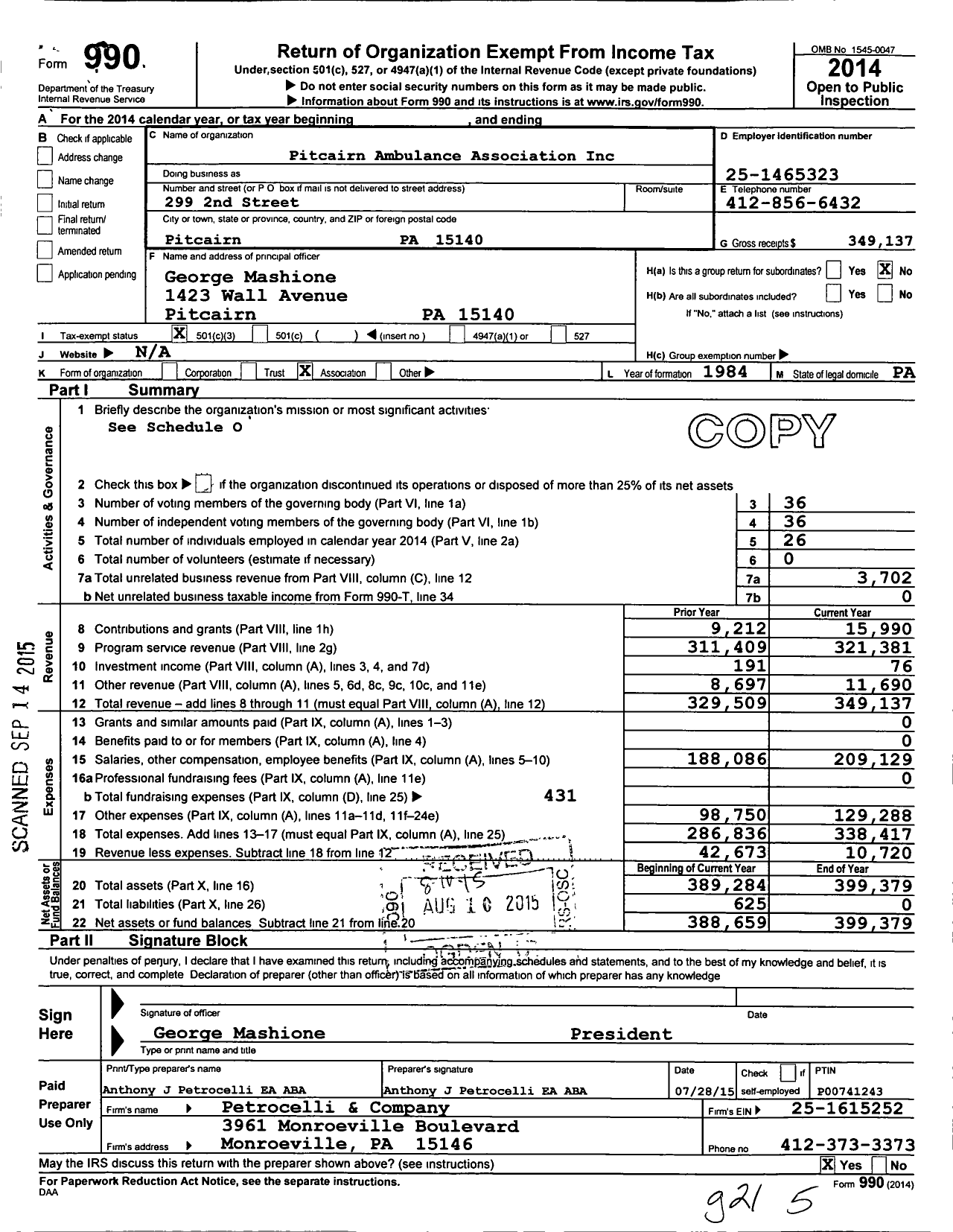 Image of first page of 2014 Form 990 for Pitcairn Ambulance Association