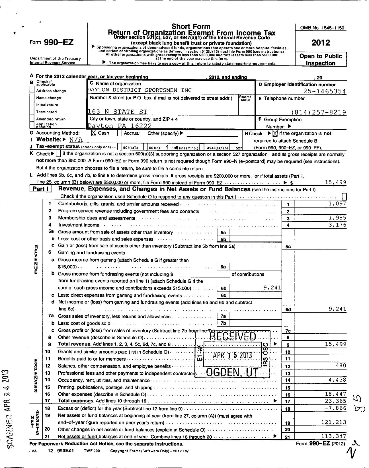 Image of first page of 2012 Form 990EO for Dayton District Sportmans Club