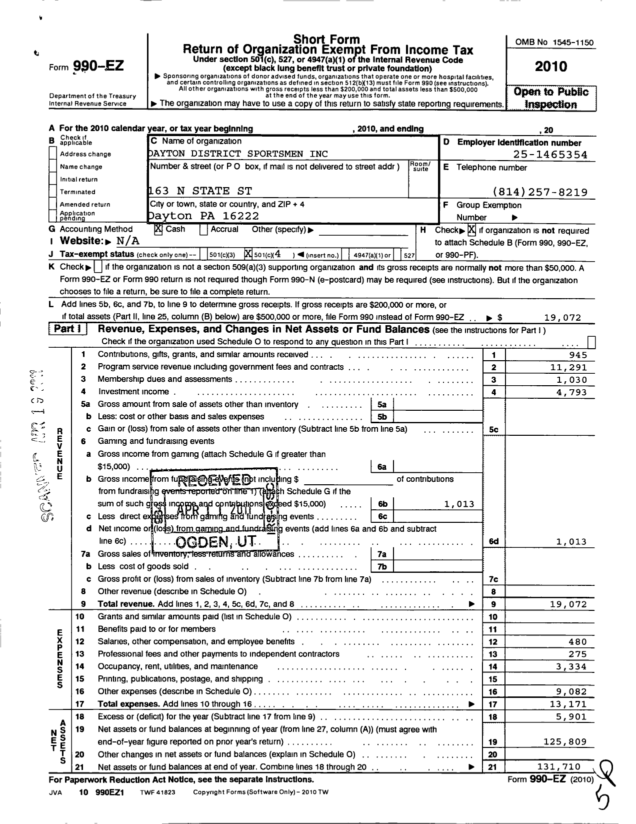 Image of first page of 2010 Form 990EO for Dayton District Sportmans Club
