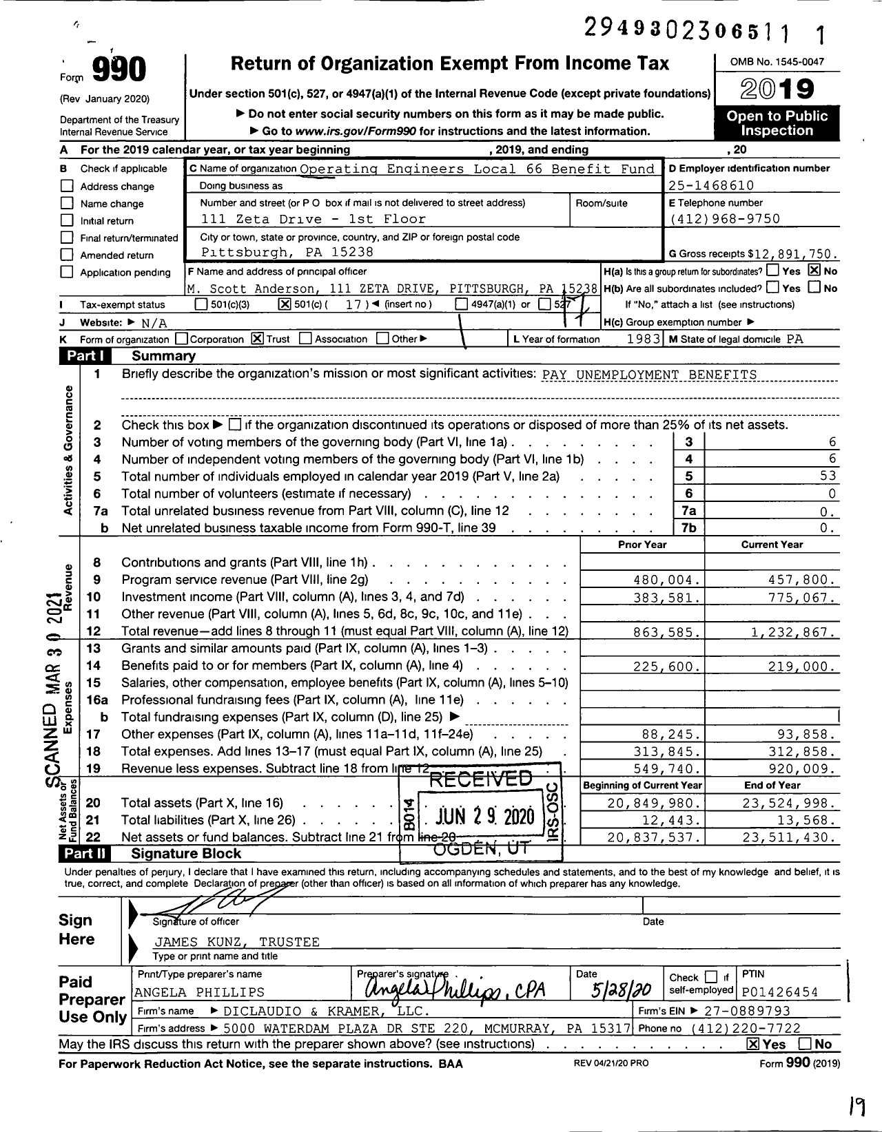 Image of first page of 2019 Form 990O for Operating Engineers Local 66 Benefit Fund