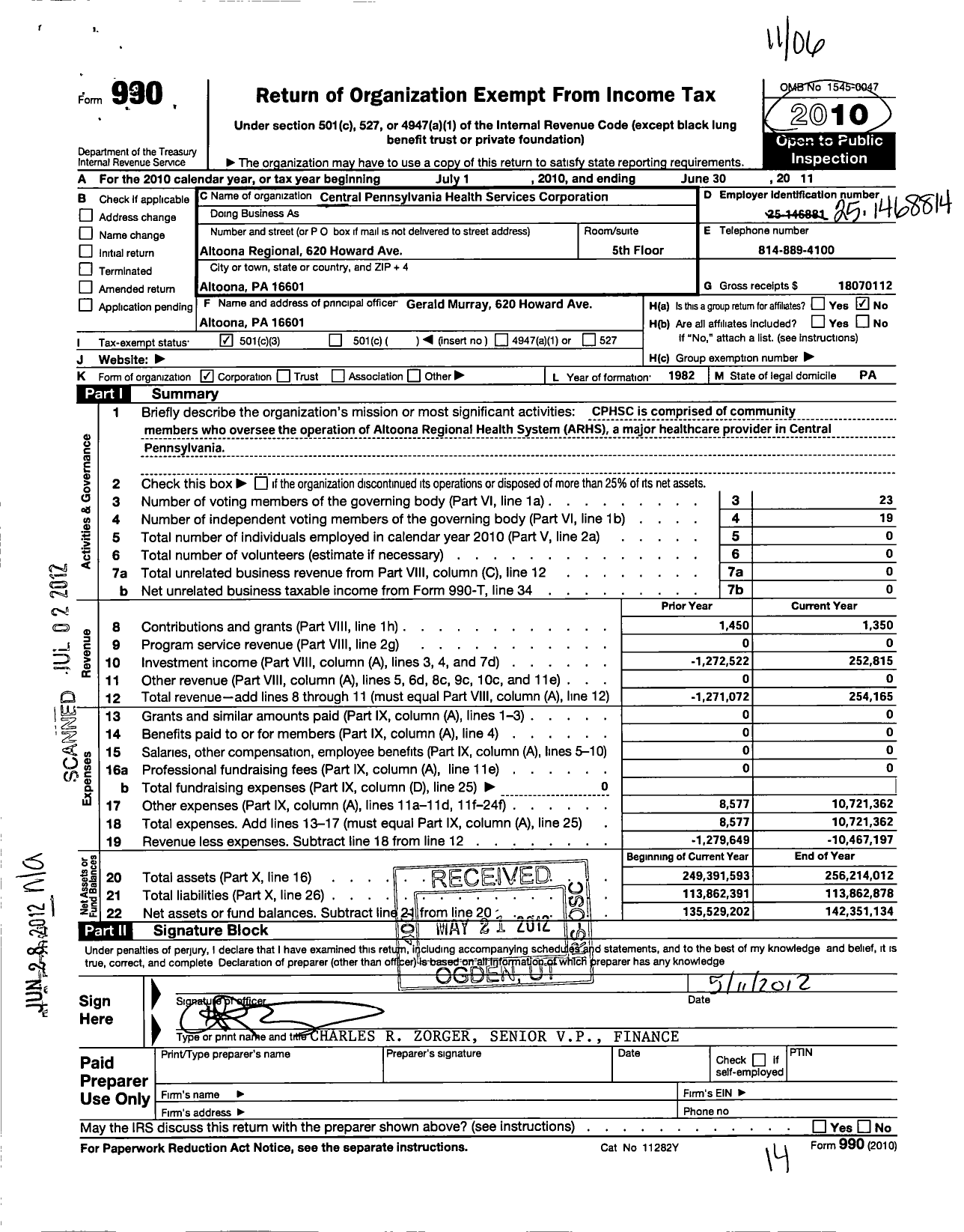 Image of first page of 2010 Form 990 for Central Pennsylvania Health Services Corporation