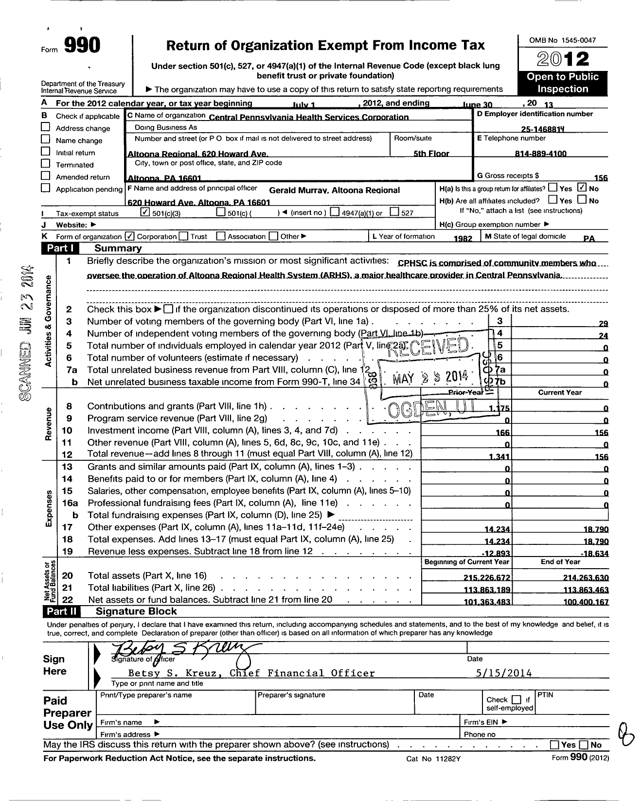 Image of first page of 2012 Form 990 for Central Pennsylvania Health Services Corporation