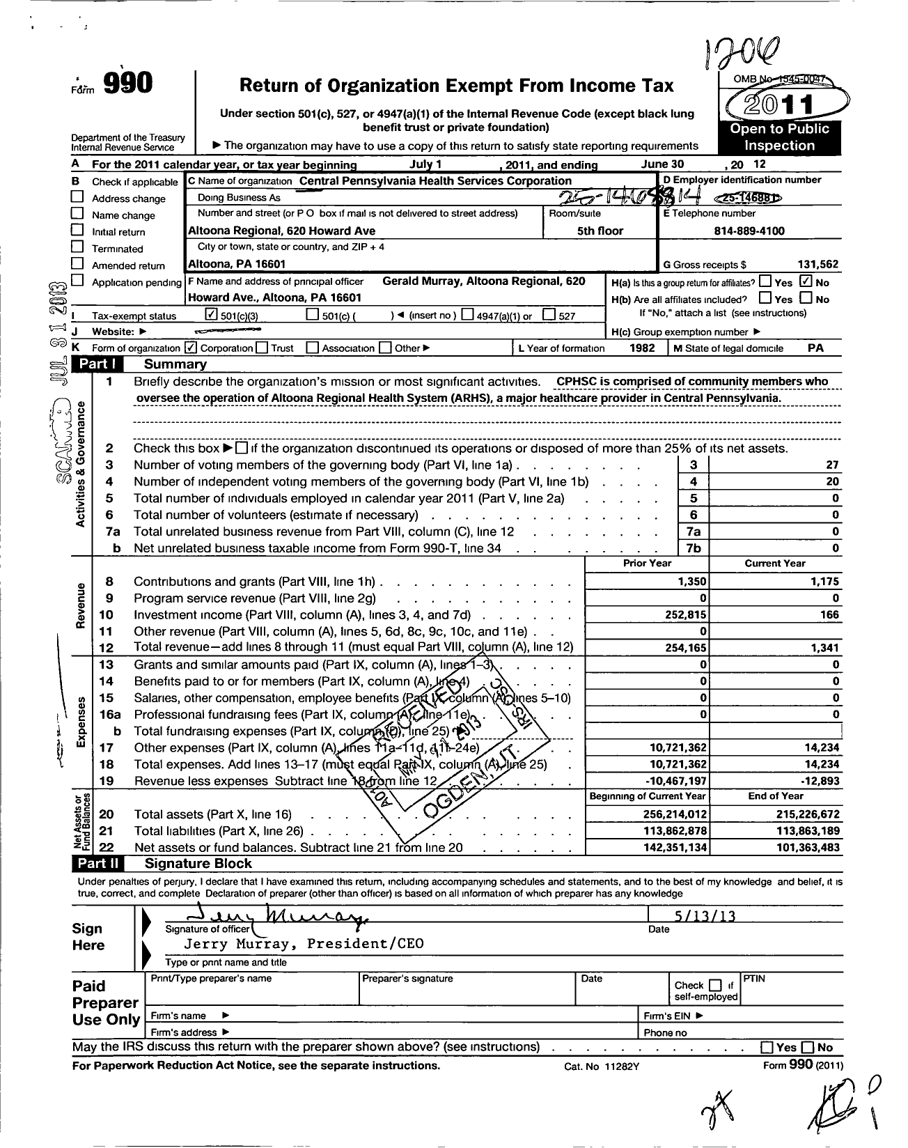 Image of first page of 2011 Form 990 for Central Pennsylvania Health Services Corporation