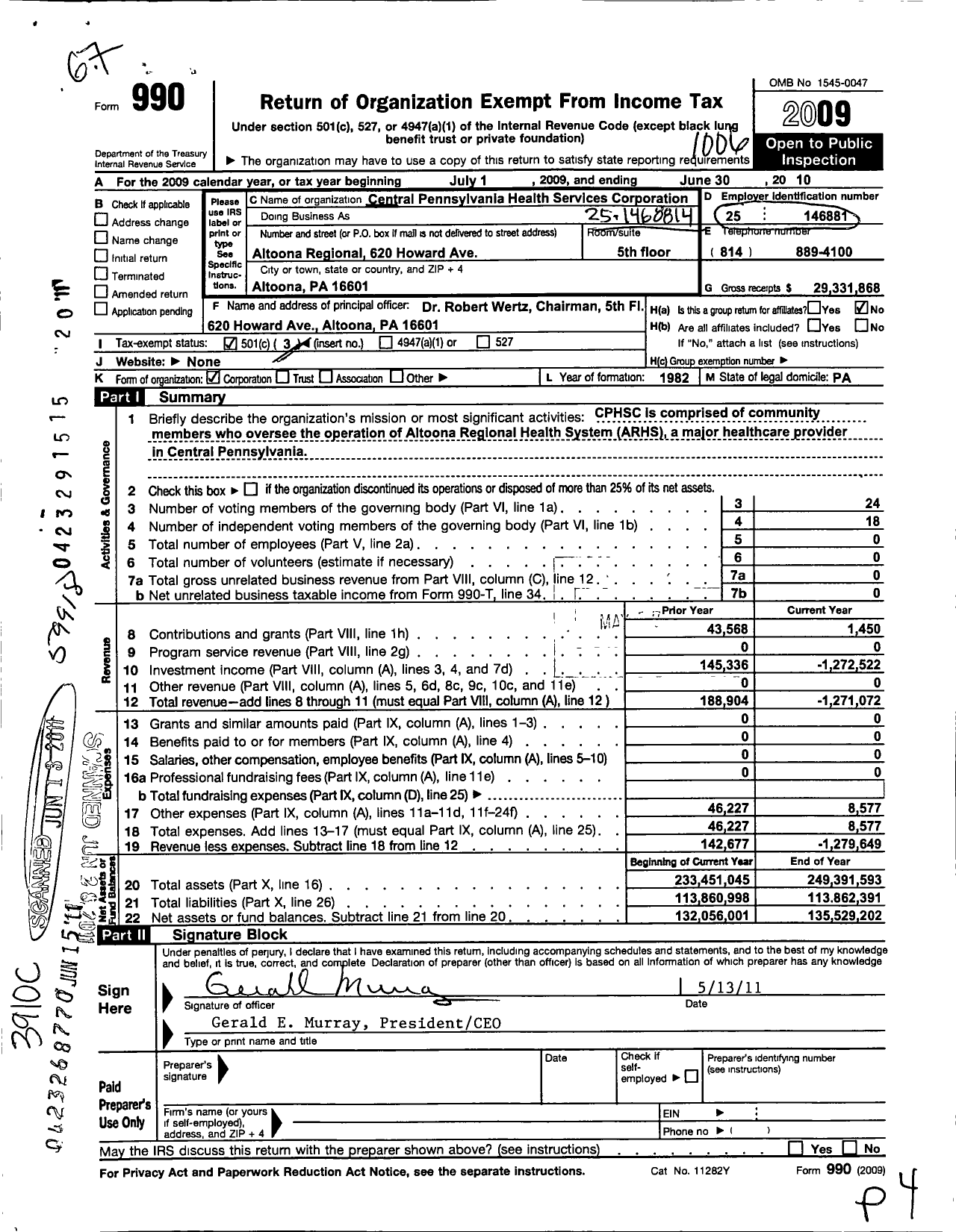 Image of first page of 2009 Form 990 for Central Pennsylvania Health Services Corporation