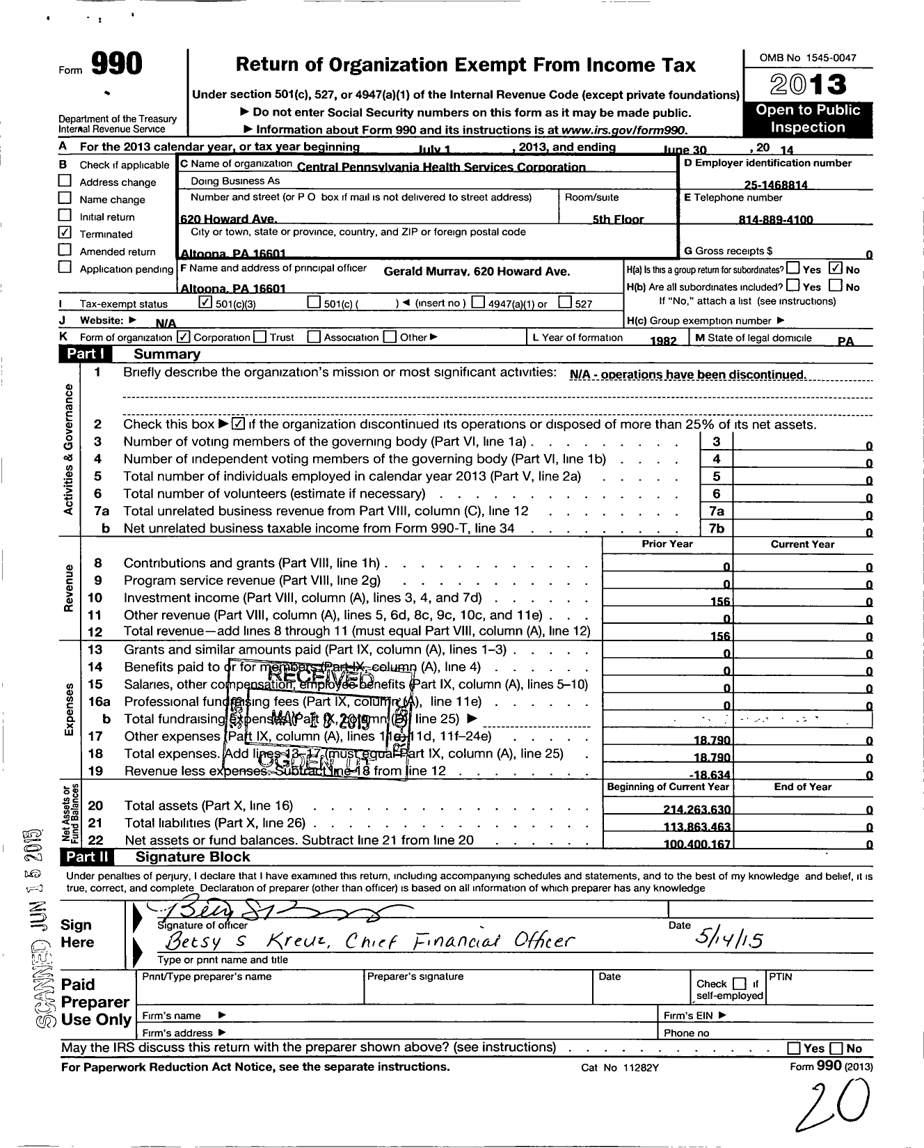 Image of first page of 2013 Form 990 for Central Pennsylvania Health Services Corporation