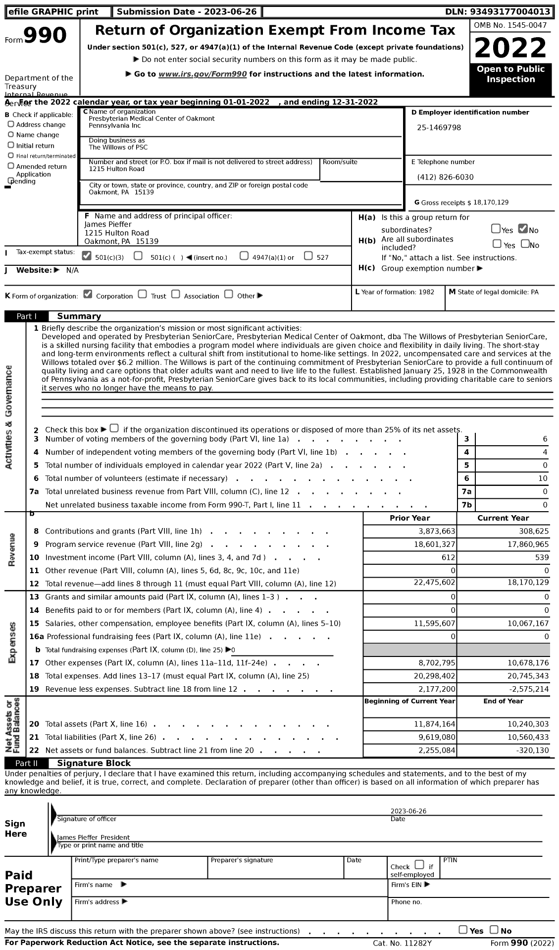 Image of first page of 2022 Form 990 for The Willows of PSC