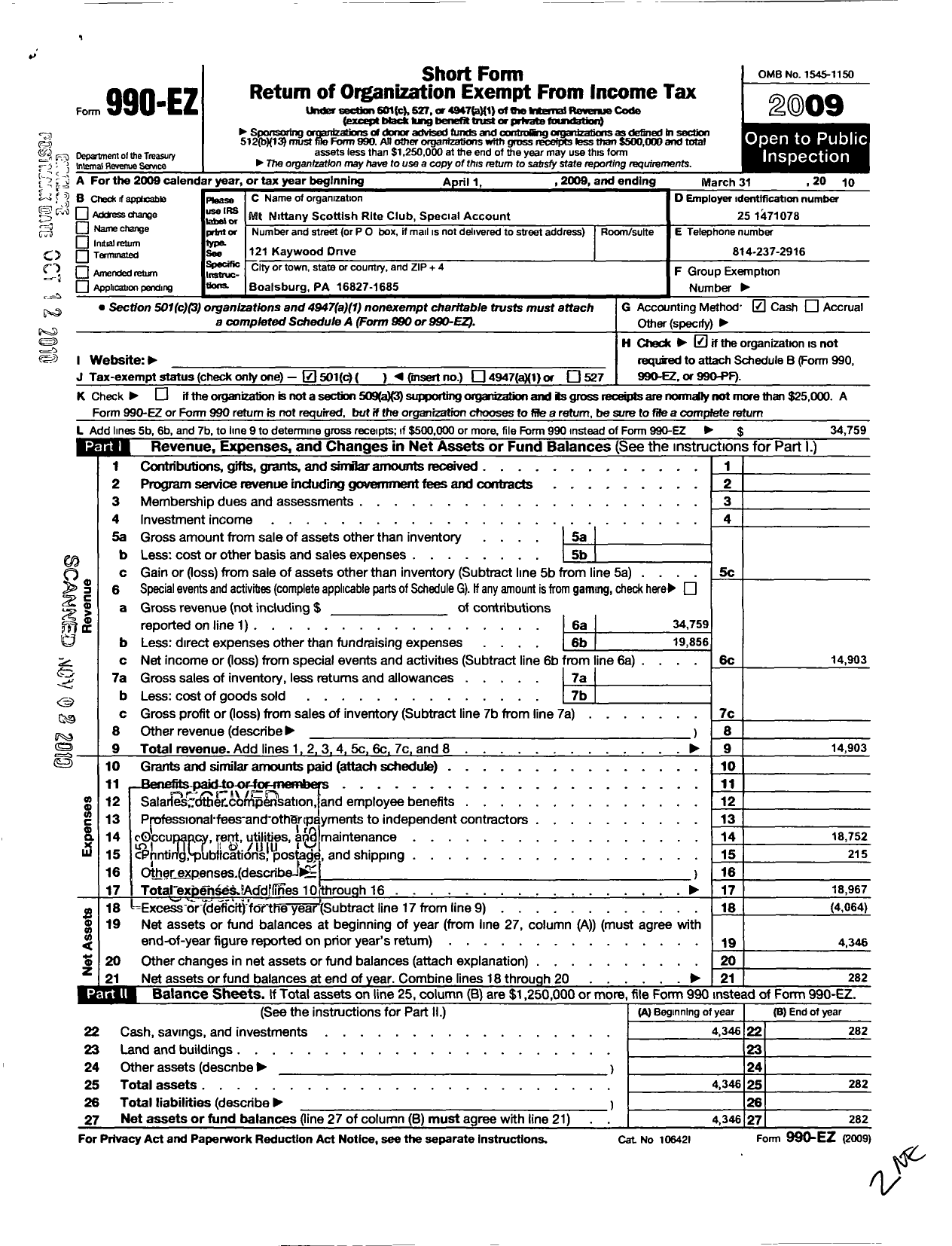 Image of first page of 2009 Form 990EO for Scottish Rite, NMJ - Valley of Williamsport MT Nittany S