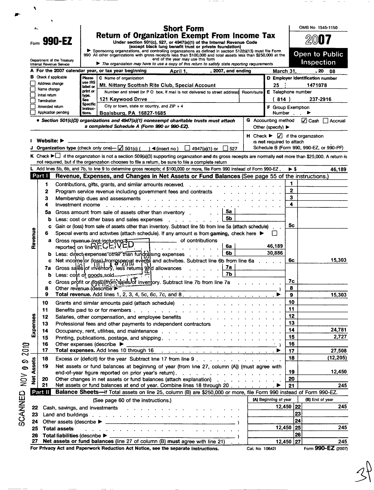 Image of first page of 2007 Form 990EO for Scottish Rite, NMJ - Valley of Williamsport MT Nittany S