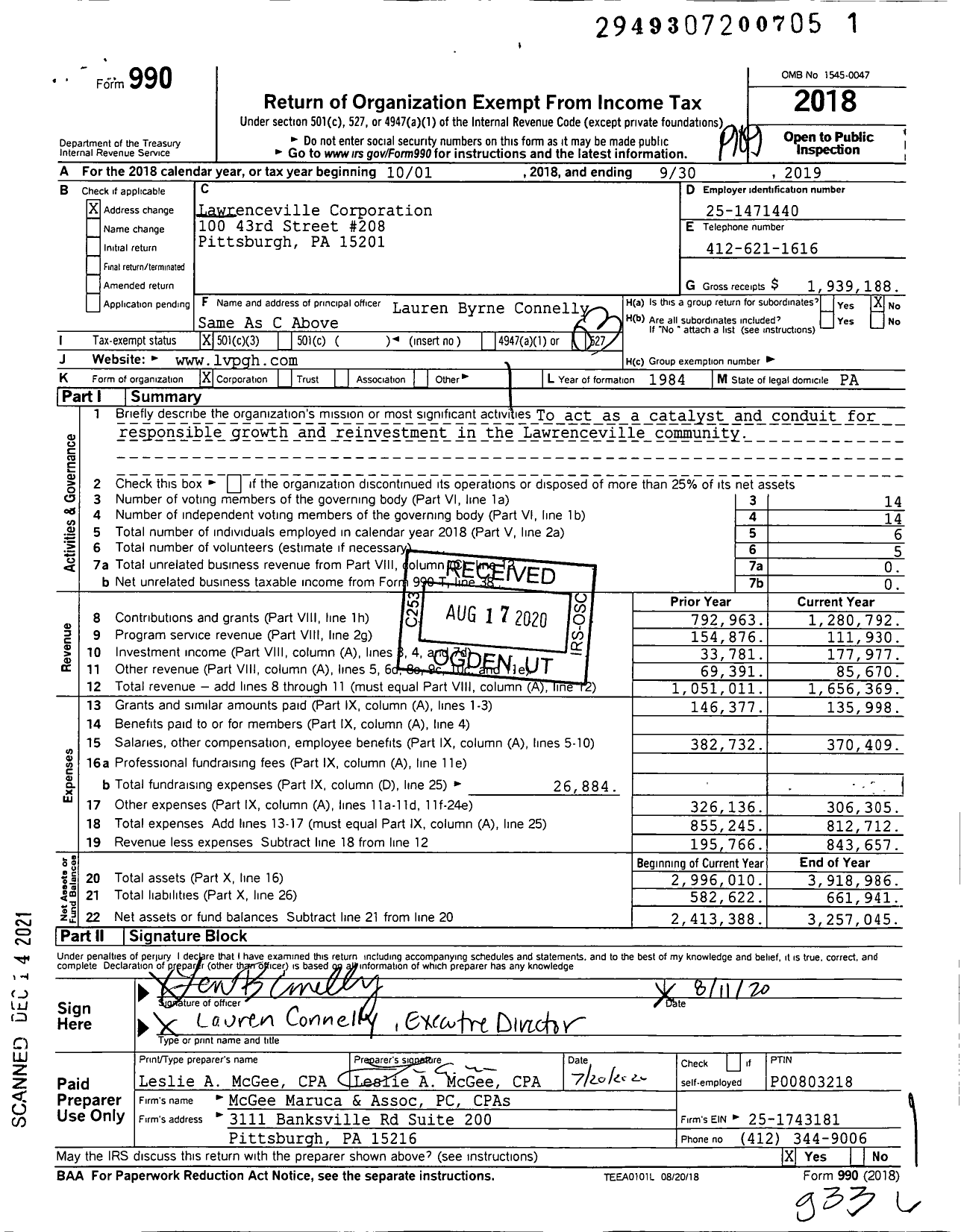 Image of first page of 2018 Form 990 for Lawrenceville Corporation