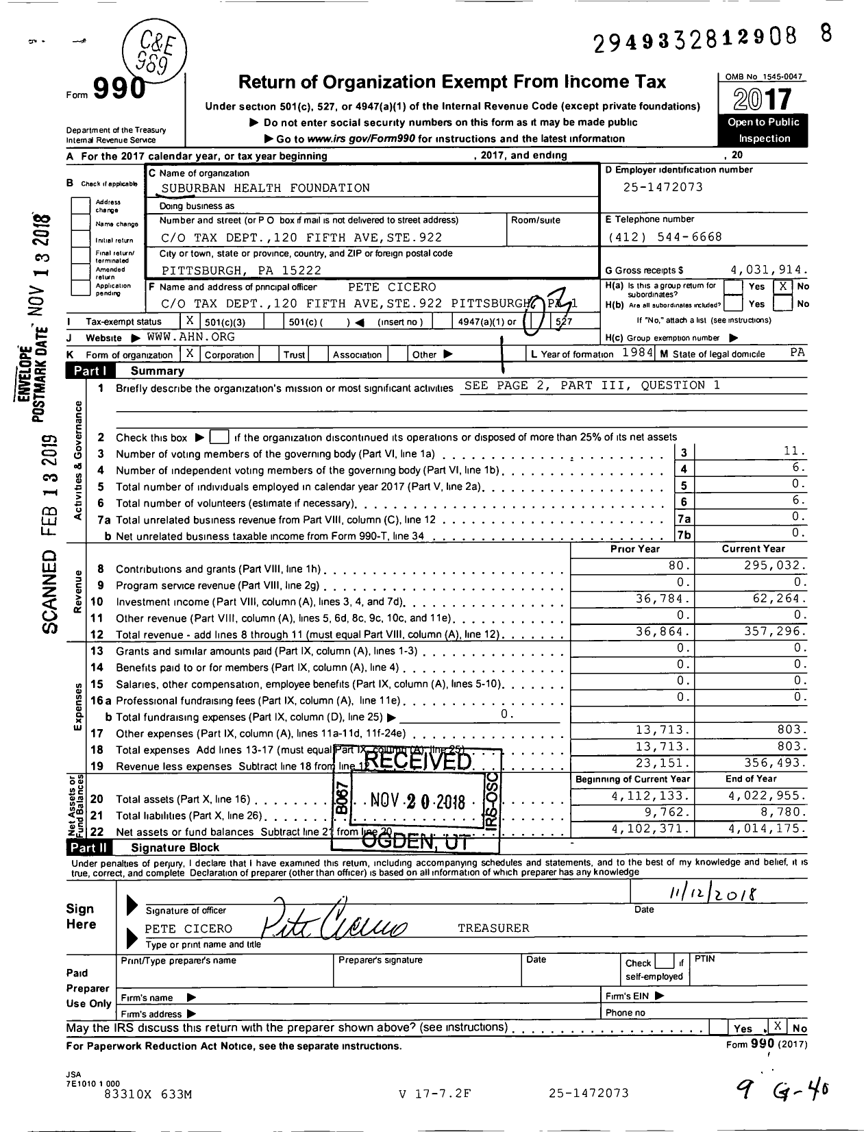 Image of first page of 2017 Form 990 for Suburban Health Foundation