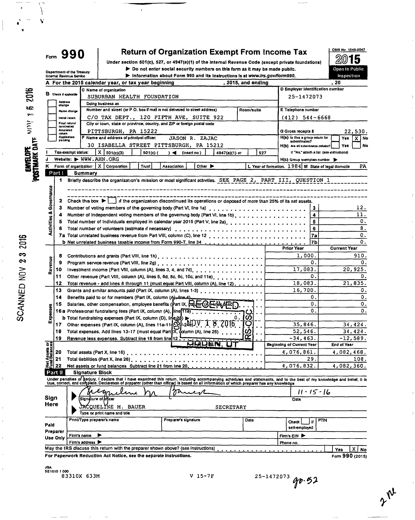 Image of first page of 2015 Form 990 for Suburban Health Foundation