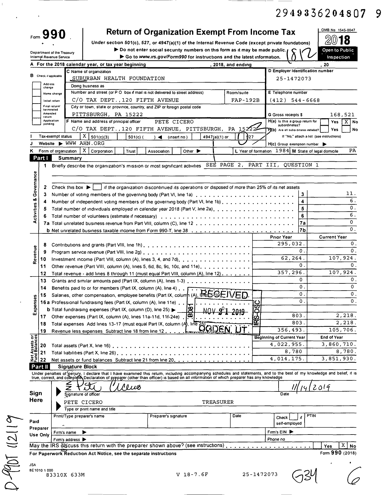 Image of first page of 2018 Form 990 for Suburban Health Foundation