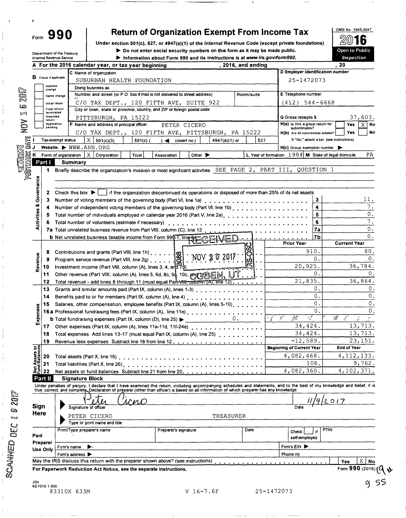 Image of first page of 2016 Form 990 for Suburban Health Foundation