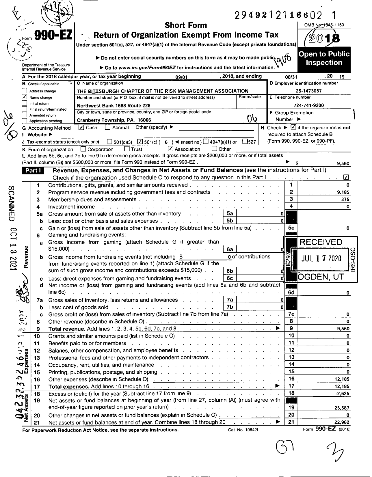 Image of first page of 2018 Form 990EO for Pittsburgh Chapter of the Risk Management Association