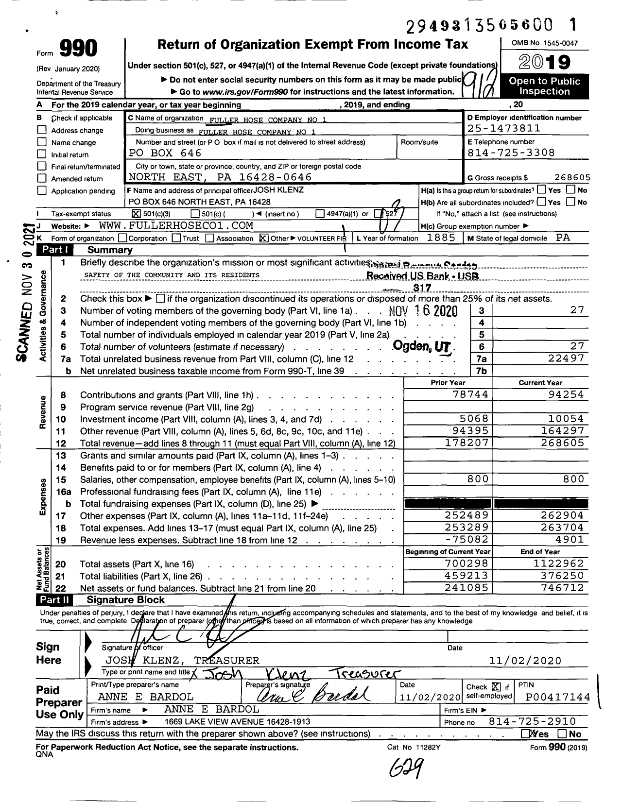 Image of first page of 2019 Form 990 for Fuller Hose Company No 1