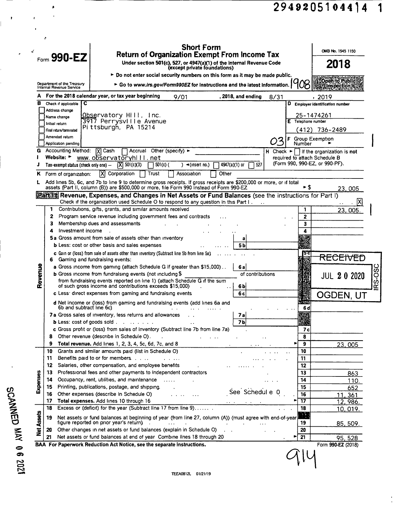 Image of first page of 2018 Form 990EZ for Observatory Hill