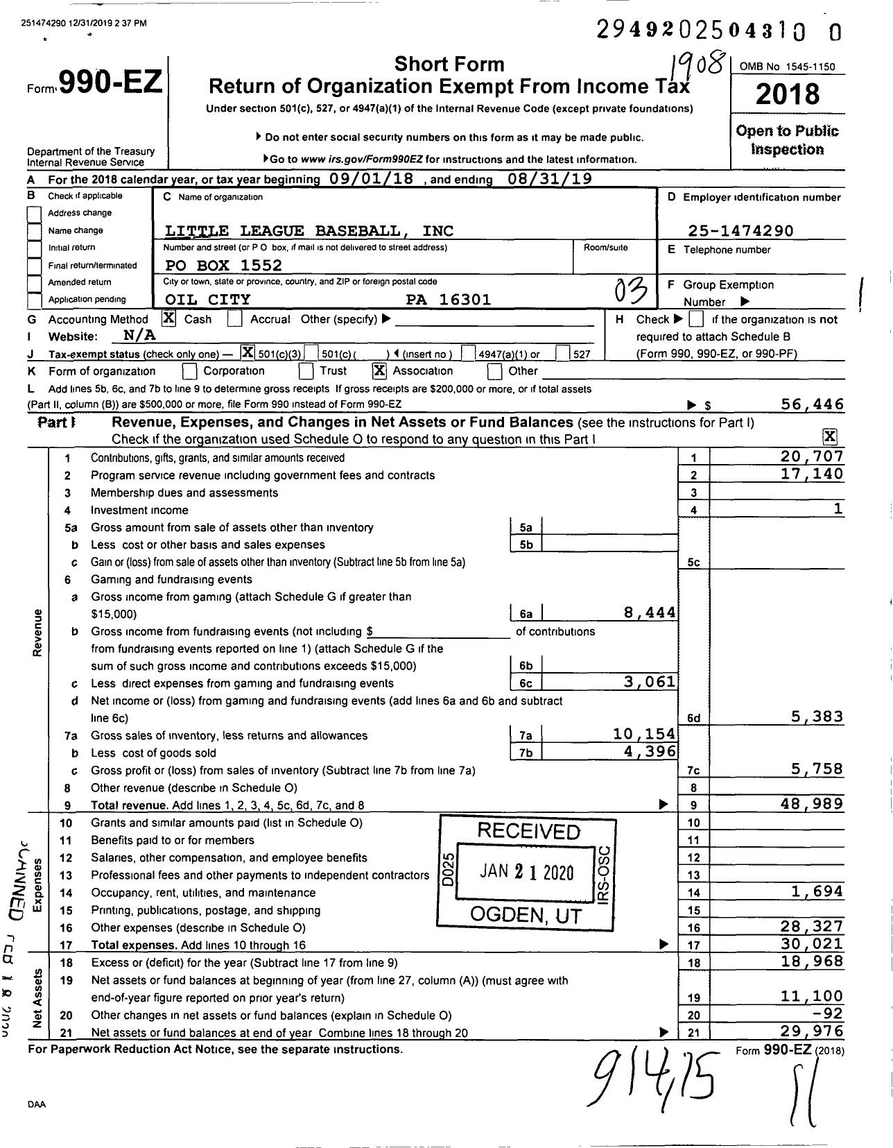 Image of first page of 2018 Form 990EZ for Little League Baseball - 2382506 Oil City LL