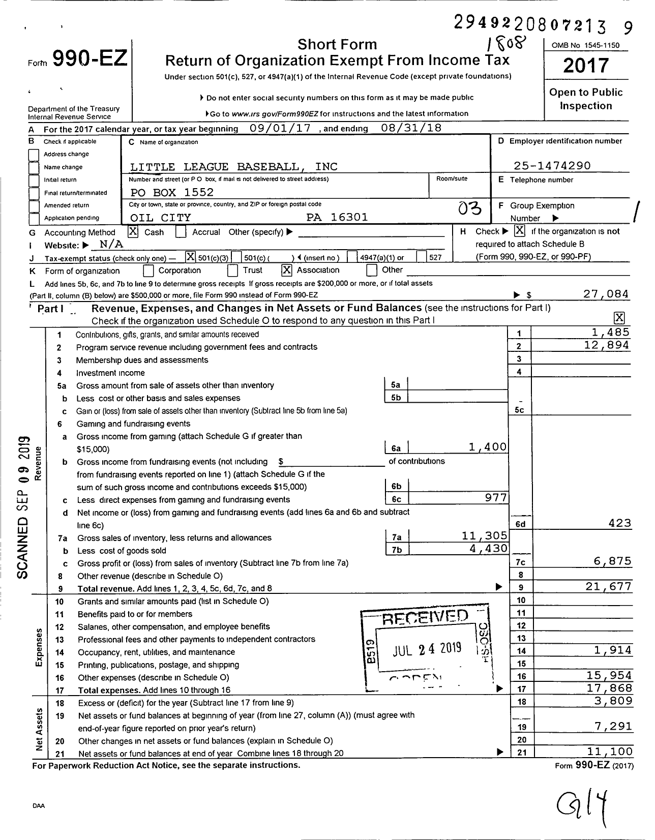 Image of first page of 2017 Form 990EZ for Little League Baseball - 2382506 Oil City LL