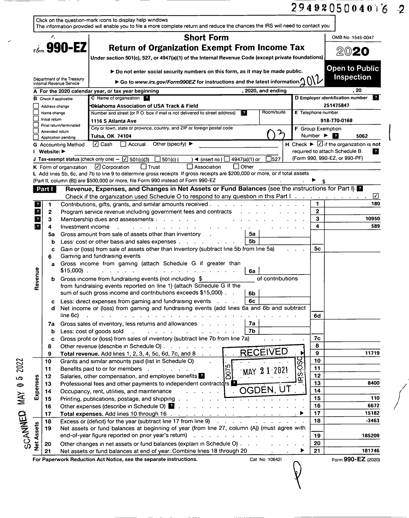 Image of first page of 2020 Form 990EZ for Usatf Oklahoma