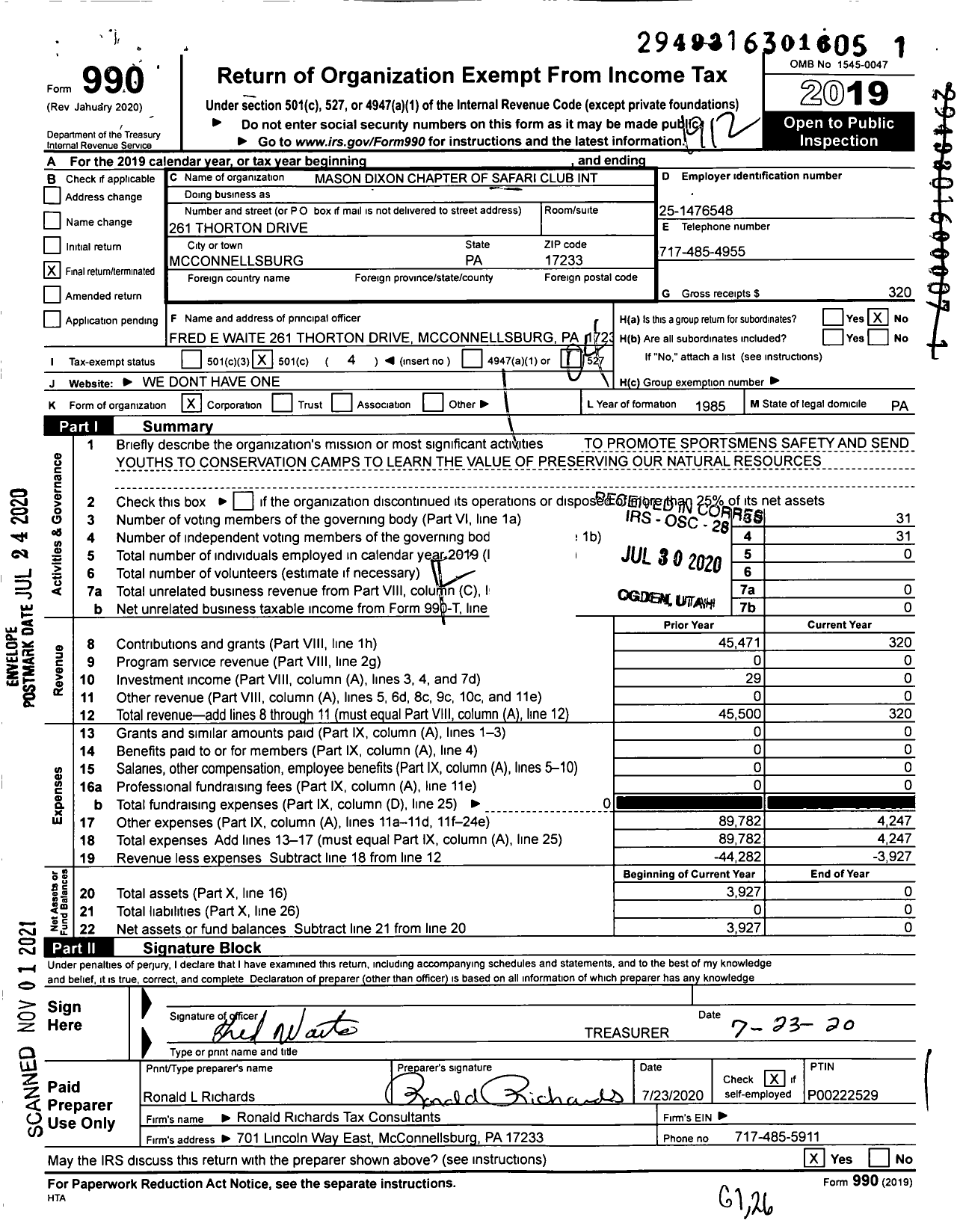 Image of first page of 2019 Form 990O for Mason Dixon Chapter of Safari Club Int