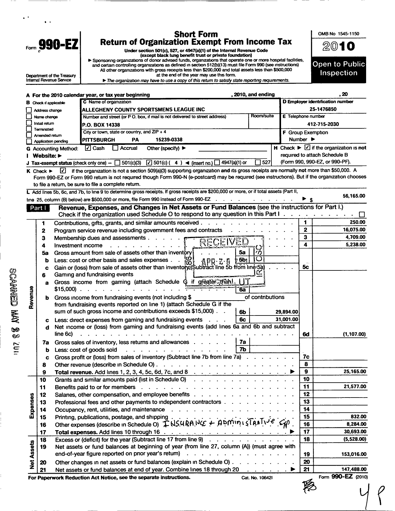 Image of first page of 2010 Form 990EO for Allegeny County Sportsmens League Incorporated