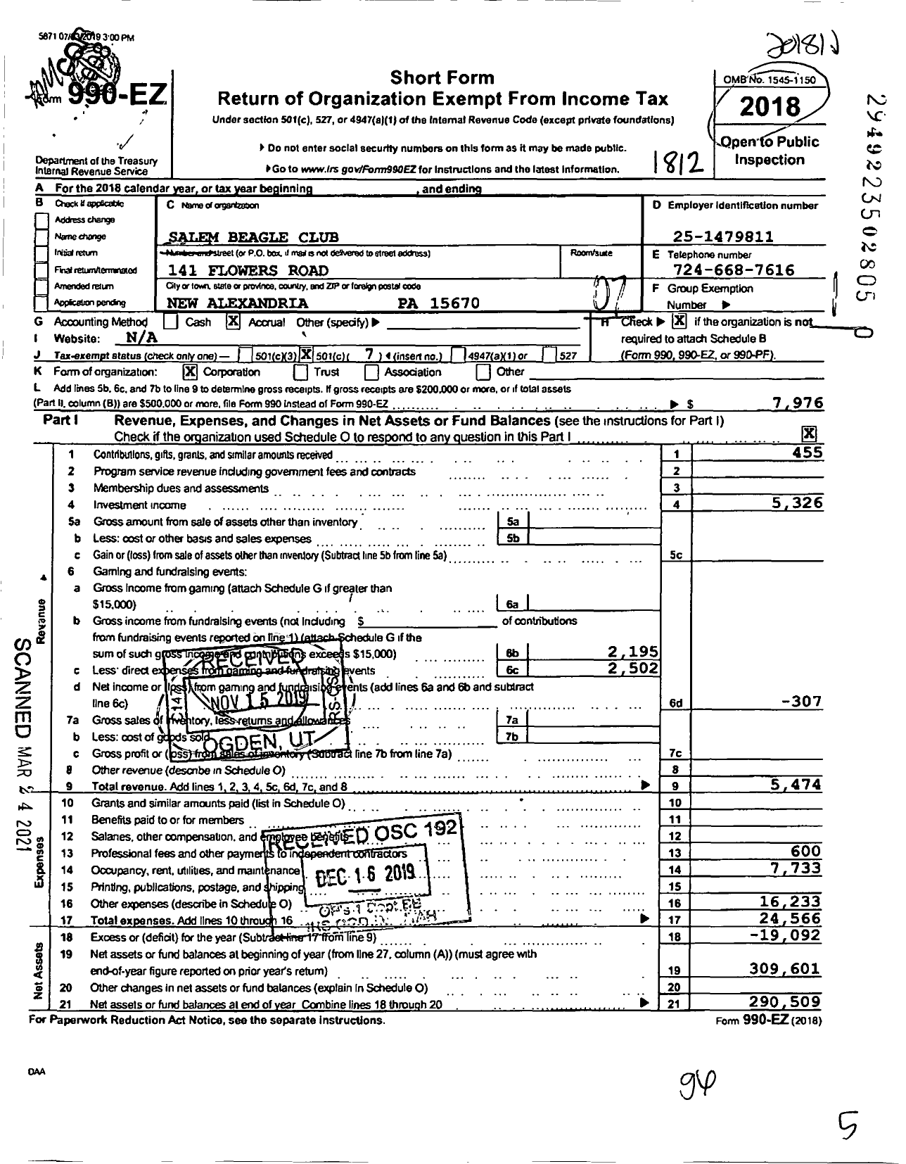 Image of first page of 2018 Form 990EO for Salem Beagle Club of Derry