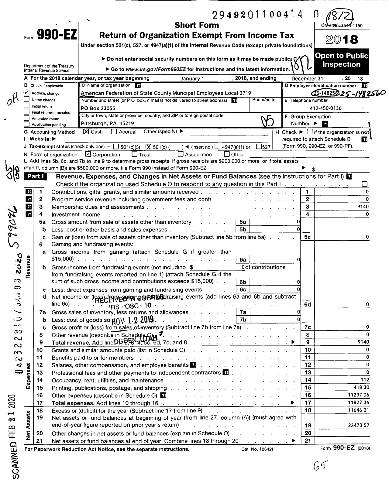 Image of first page of 2018 Form 990EO for American Federation of State County & Municipal Employees - L2719pa Pittsburg Cler Tech Prof