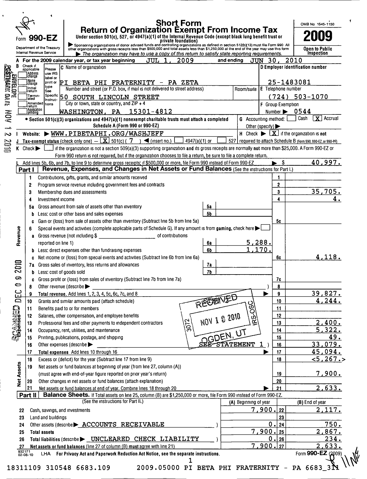 Image of first page of 2009 Form 990EO for Pi Beta Phi Fraternity - Pennsylvania Zeta Chapter