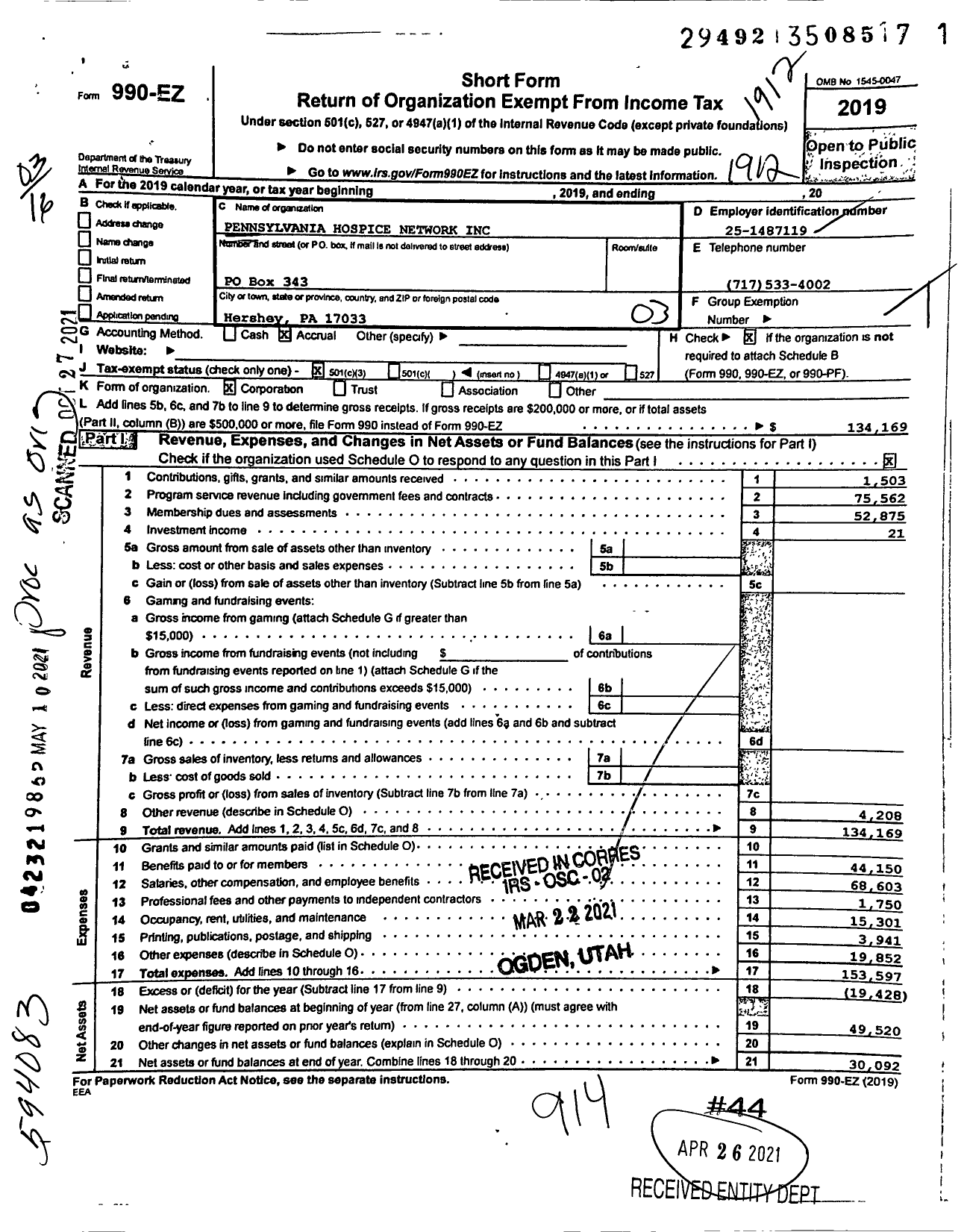 Image of first page of 2019 Form 990EZ for Pennsylvania Hospice Network