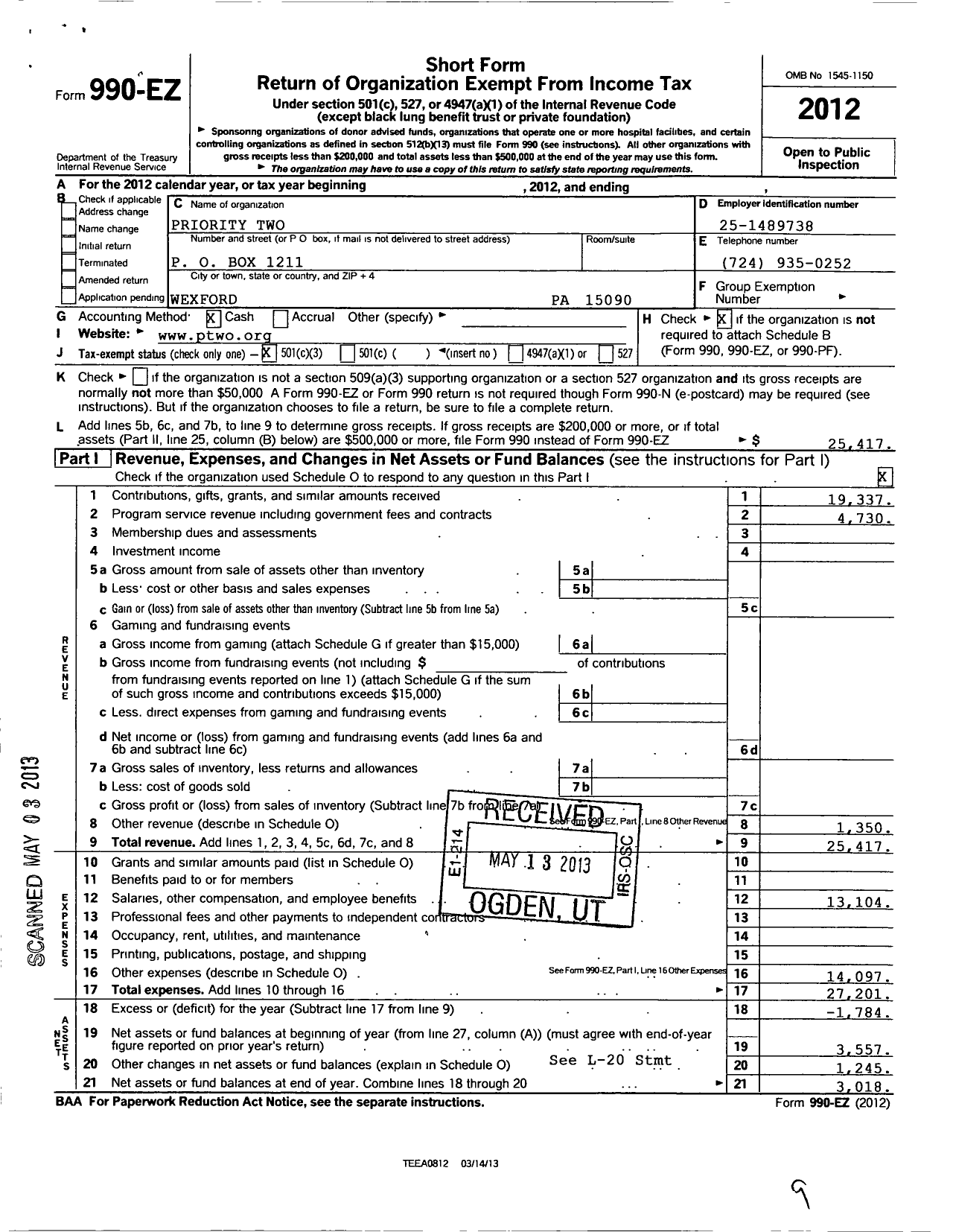 Image of first page of 2012 Form 990EZ for Priority Two