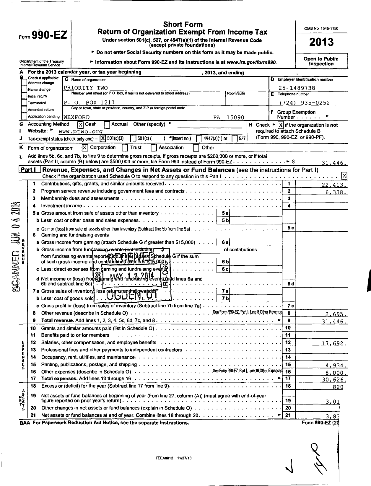 Image of first page of 2013 Form 990EZ for Priority Two