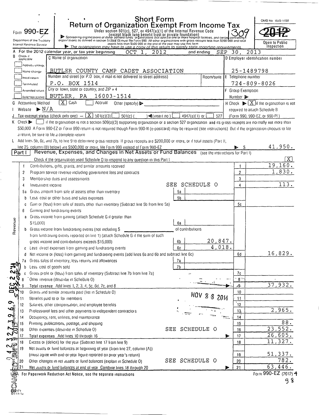 Image of first page of 2012 Form 990EZ for Butler County Camp Cadet Association