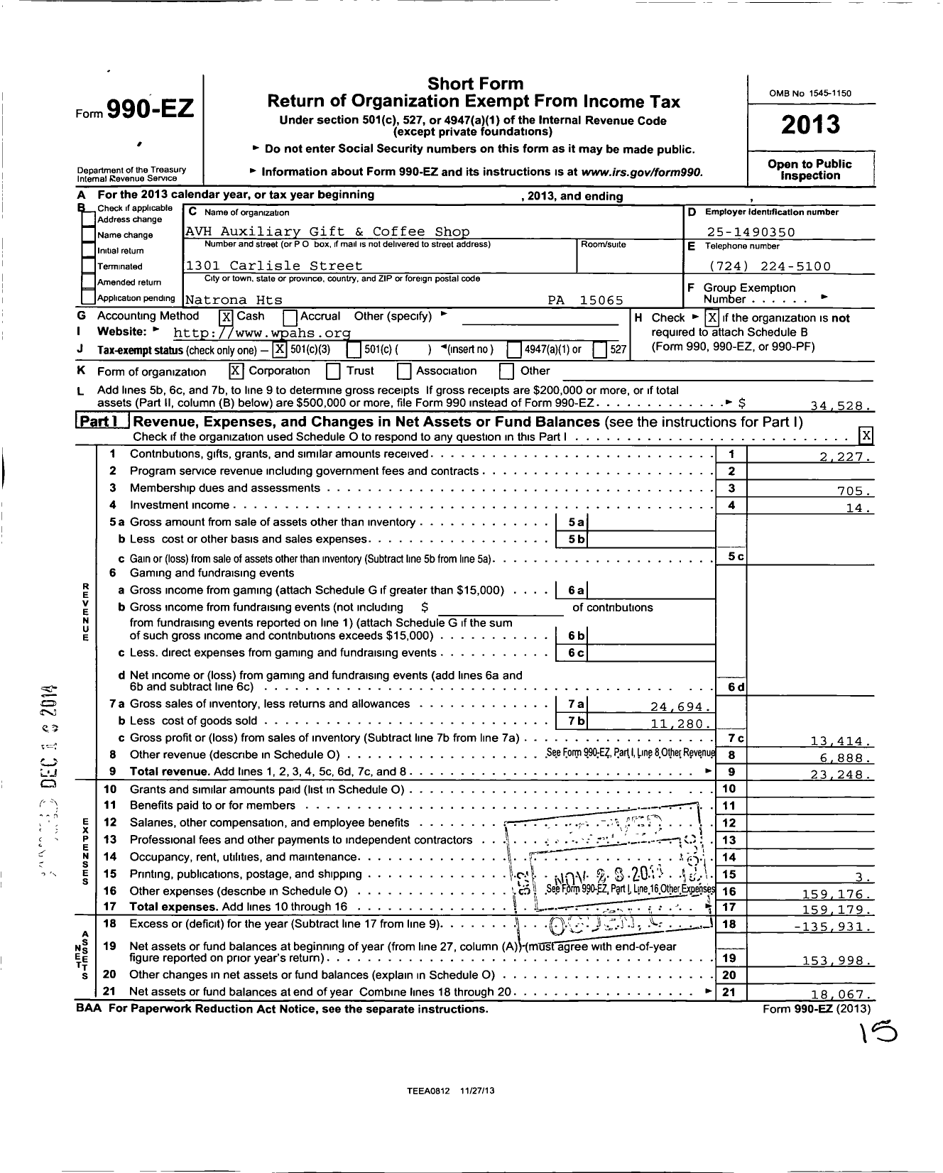 Image of first page of 2013 Form 990EZ for Avh V H Auxiliary Gift and Coffee Shop