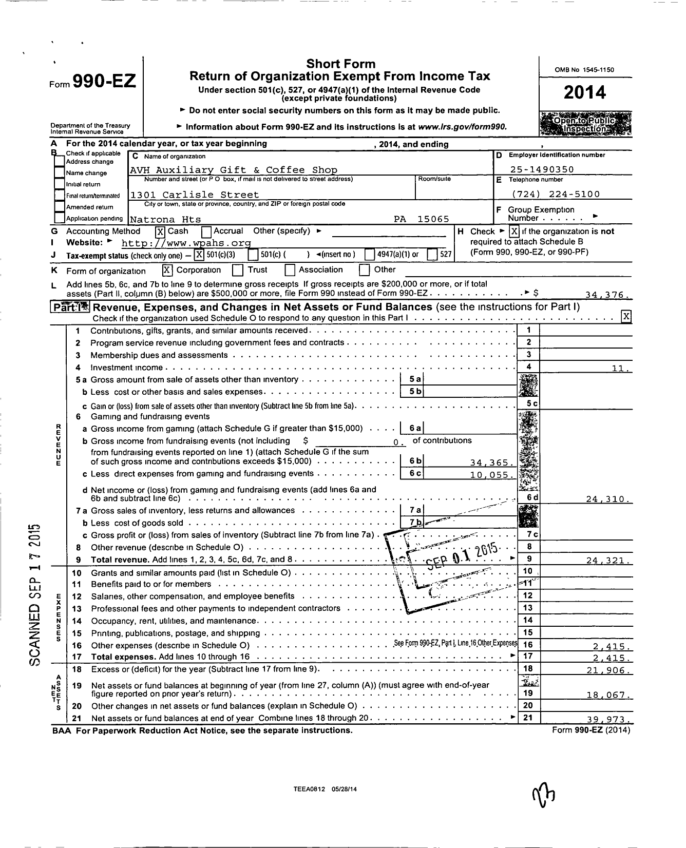 Image of first page of 2014 Form 990EZ for Avh V H Auxiliary Gift and Coffee Shop