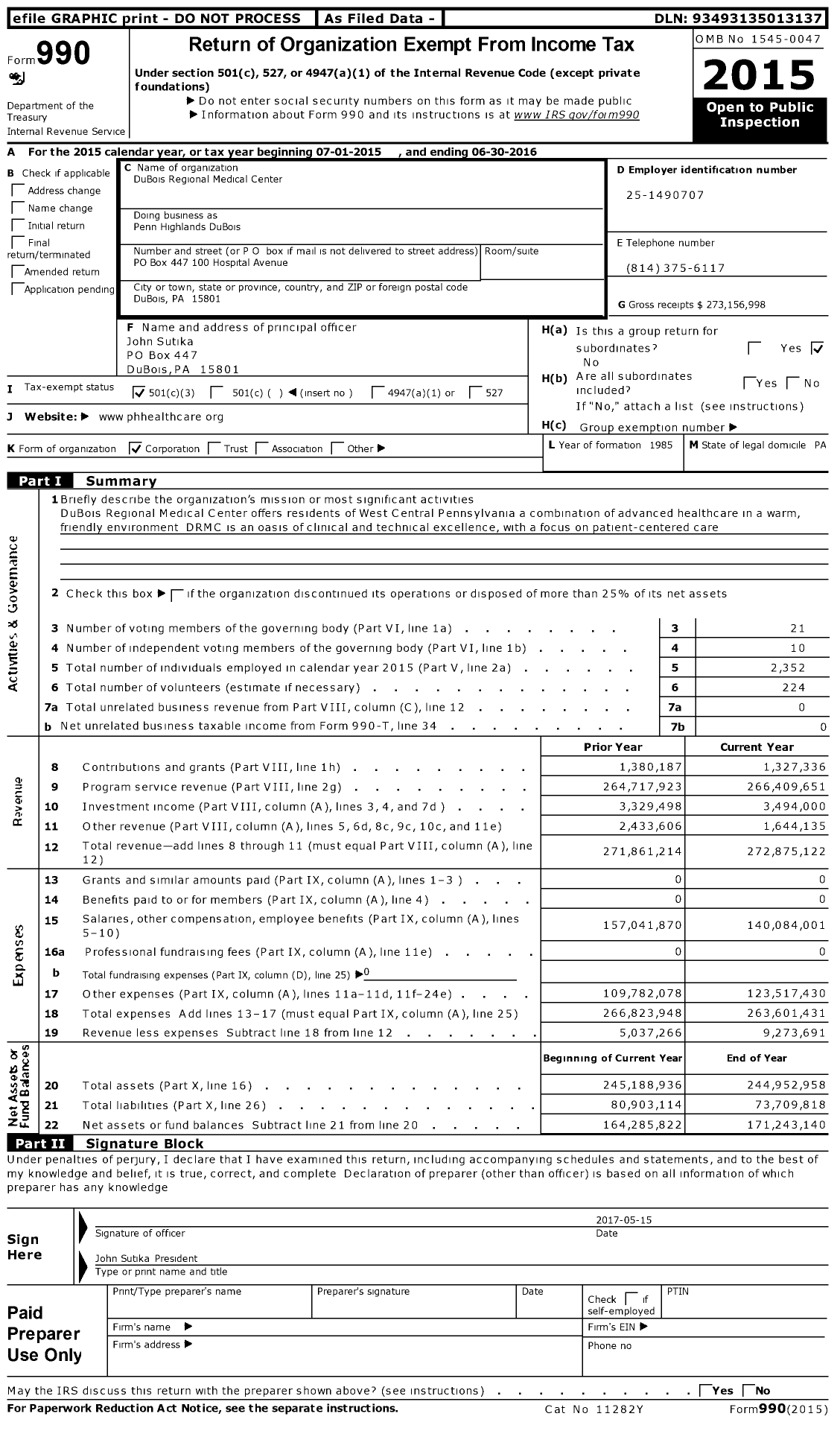 Image of first page of 2015 Form 990 for Penn Highlands DuBois