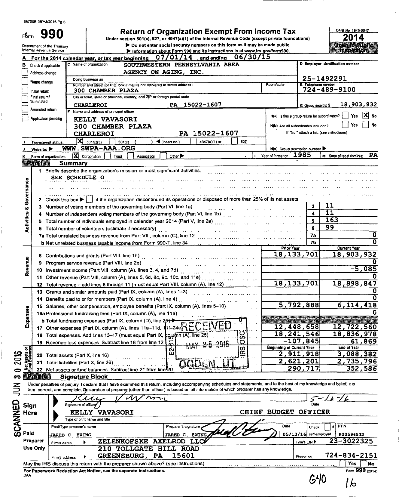 Image of first page of 2014 Form 990 for Southwestern Pennsylvania Area Agency on Aging (SWPA-AAA)
